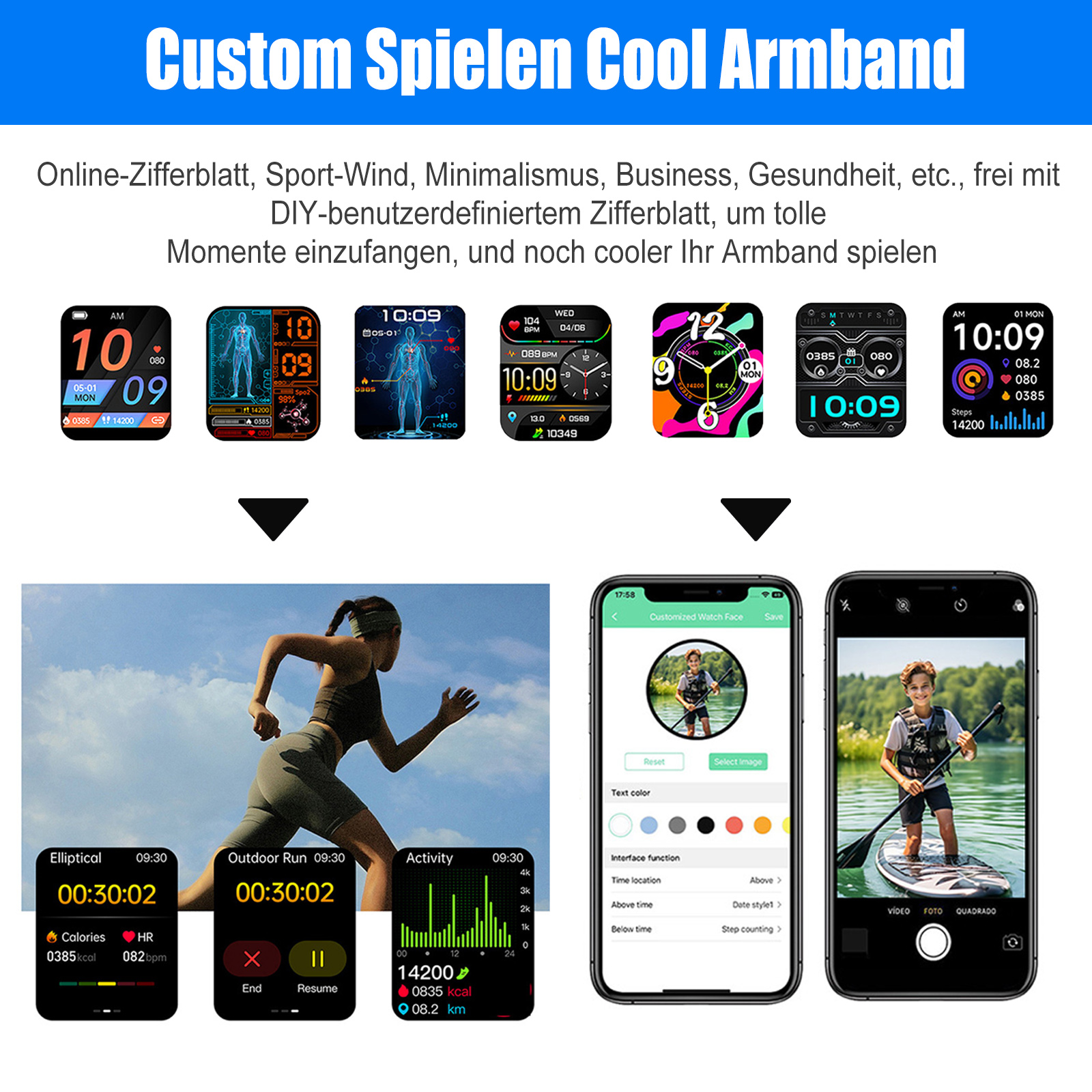 Bildschirme einer Smartwatch, die Gesundheitsdaten und Telefoninteraktion zeigen, mit Menschen, die trainieren.