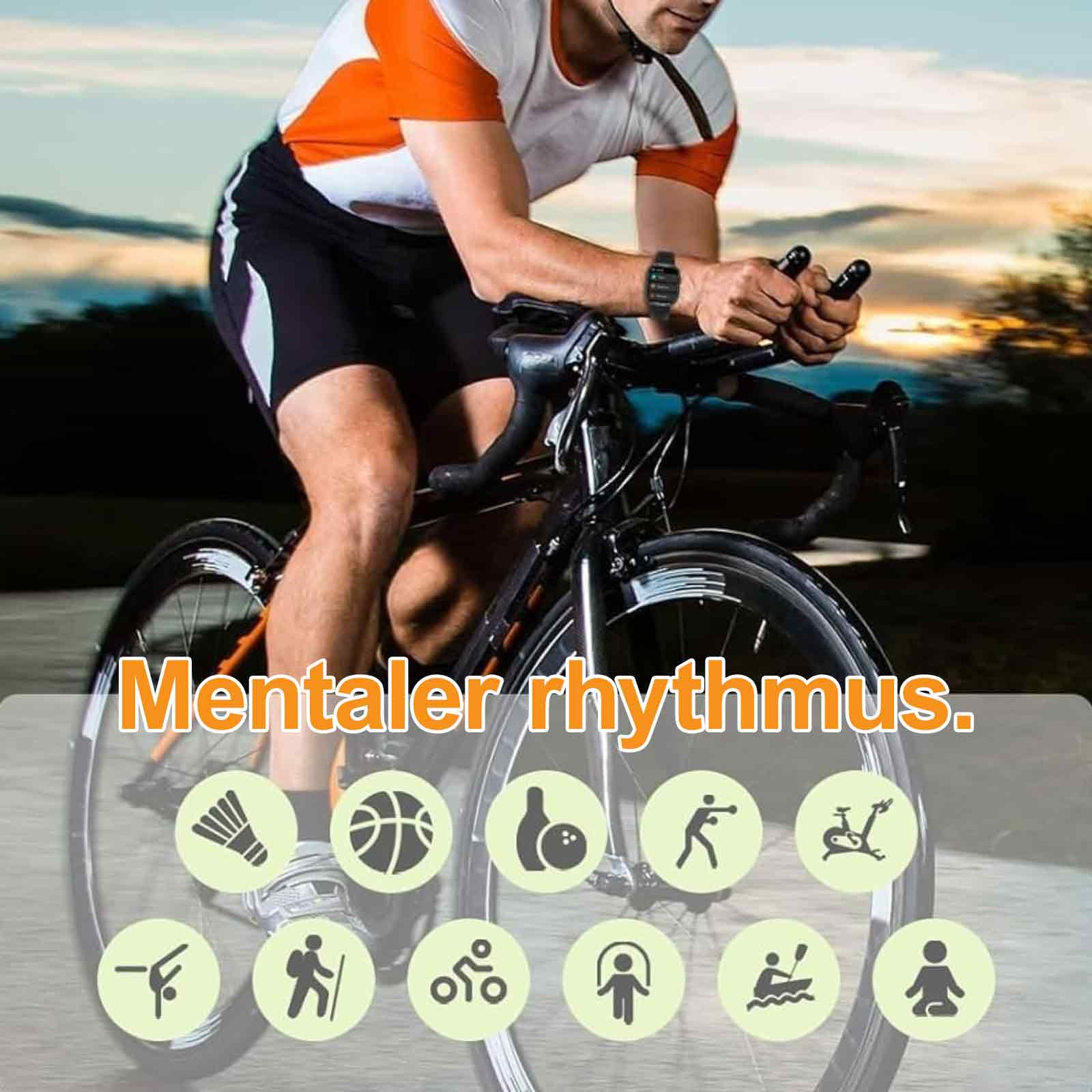 Radfahrer mit Smartwatch. Text: Mentaler Rhythmus. Sportaktivitäten-Icons.
