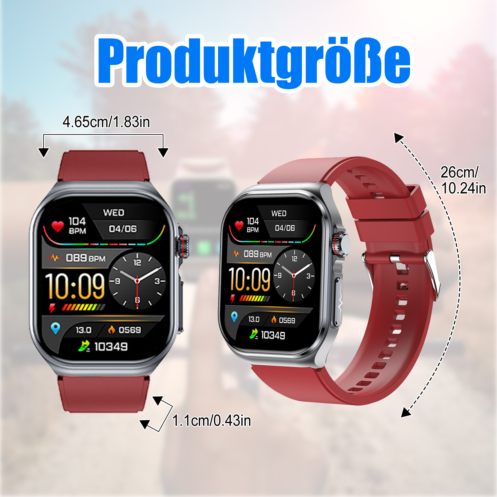 Zwei Smartwatches werden angezeigt, die Abmessungen und ein rotes Armband zeigen.