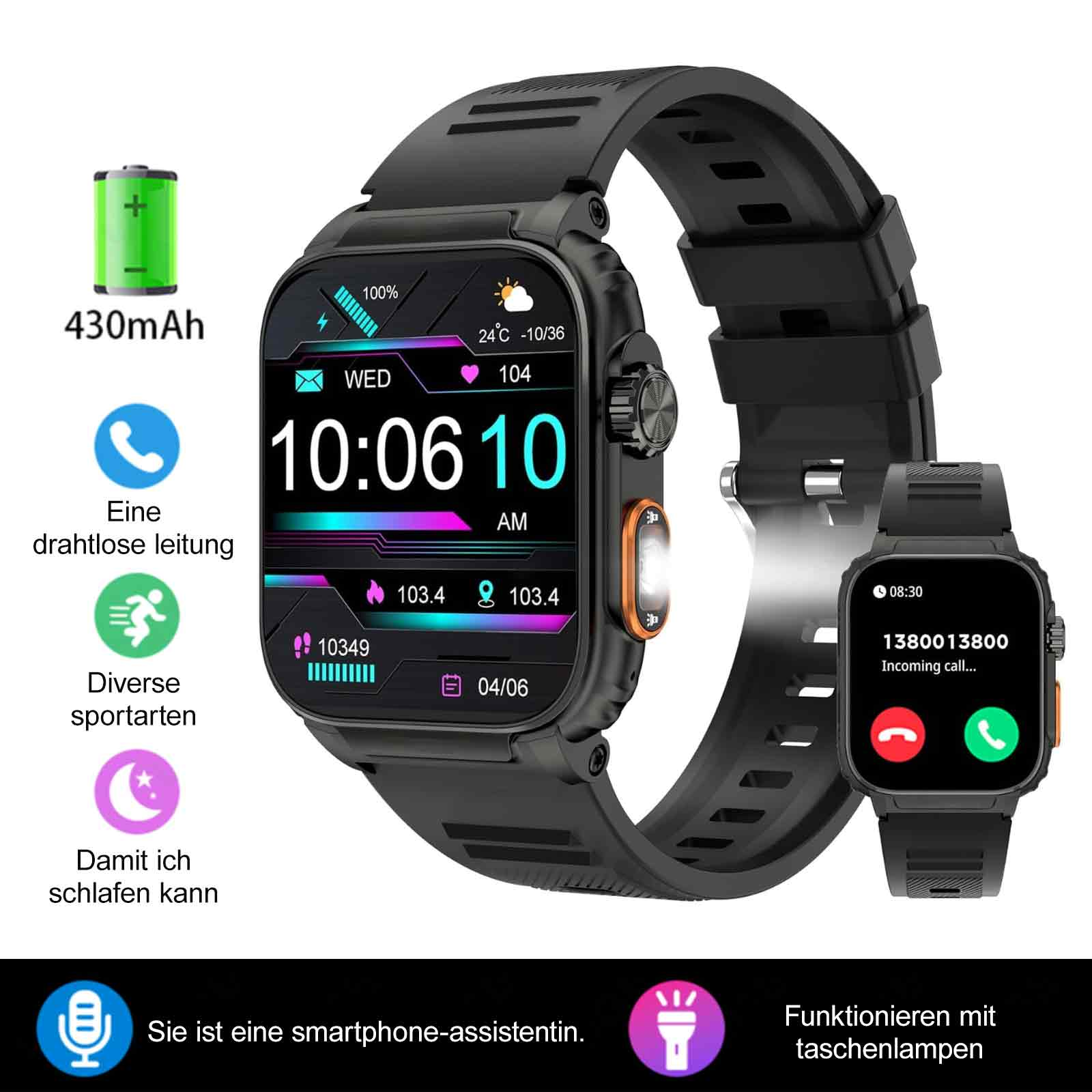 Schwarze Smartwatch, zeigt Zeit, Batterie, Benachrichtigungen. Deutsche Texte.
