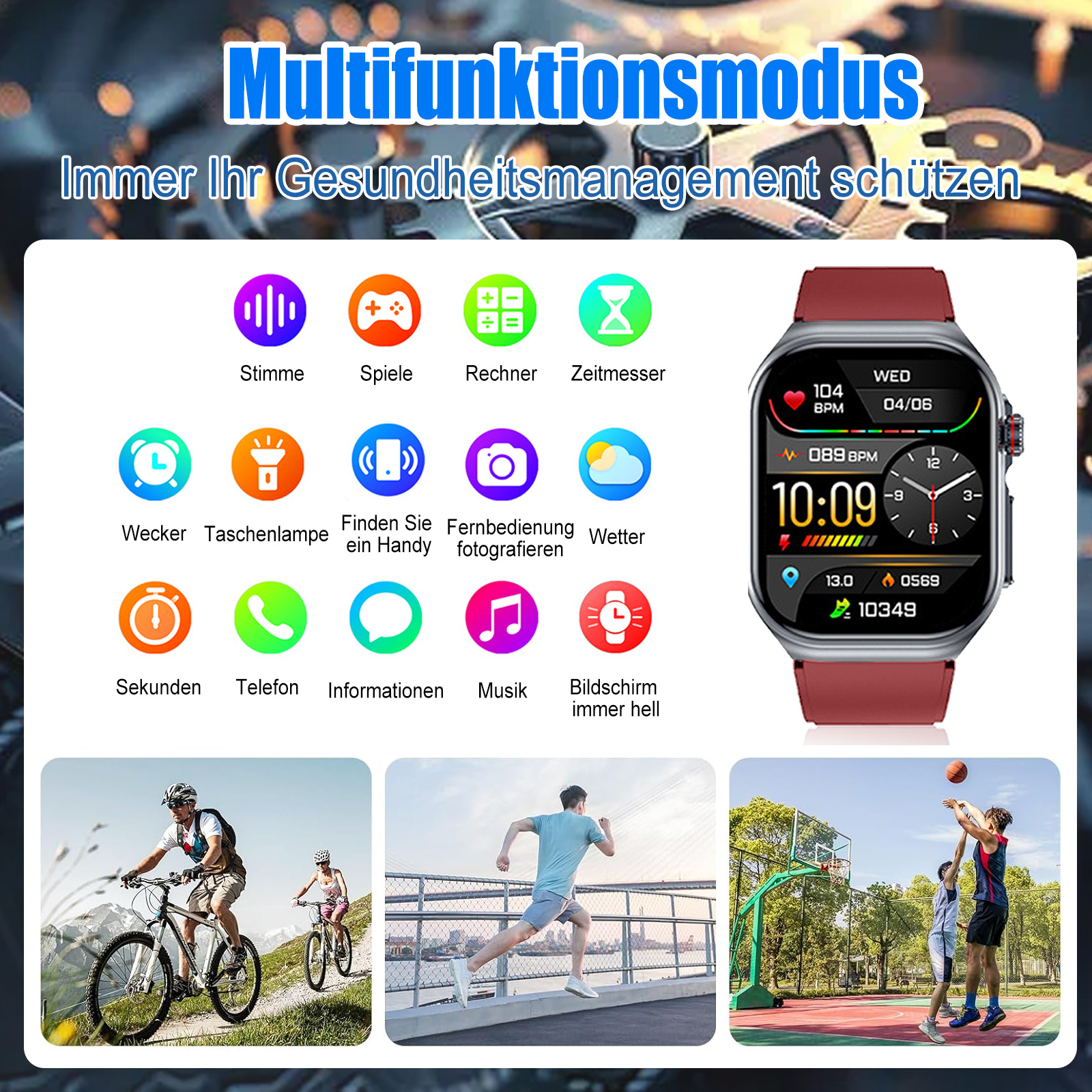 Ein Smartwatch-Bildschirm, der verschiedene Apps zeigt, mit Menschen, die sich in verschiedenen Sportarten betätigen.