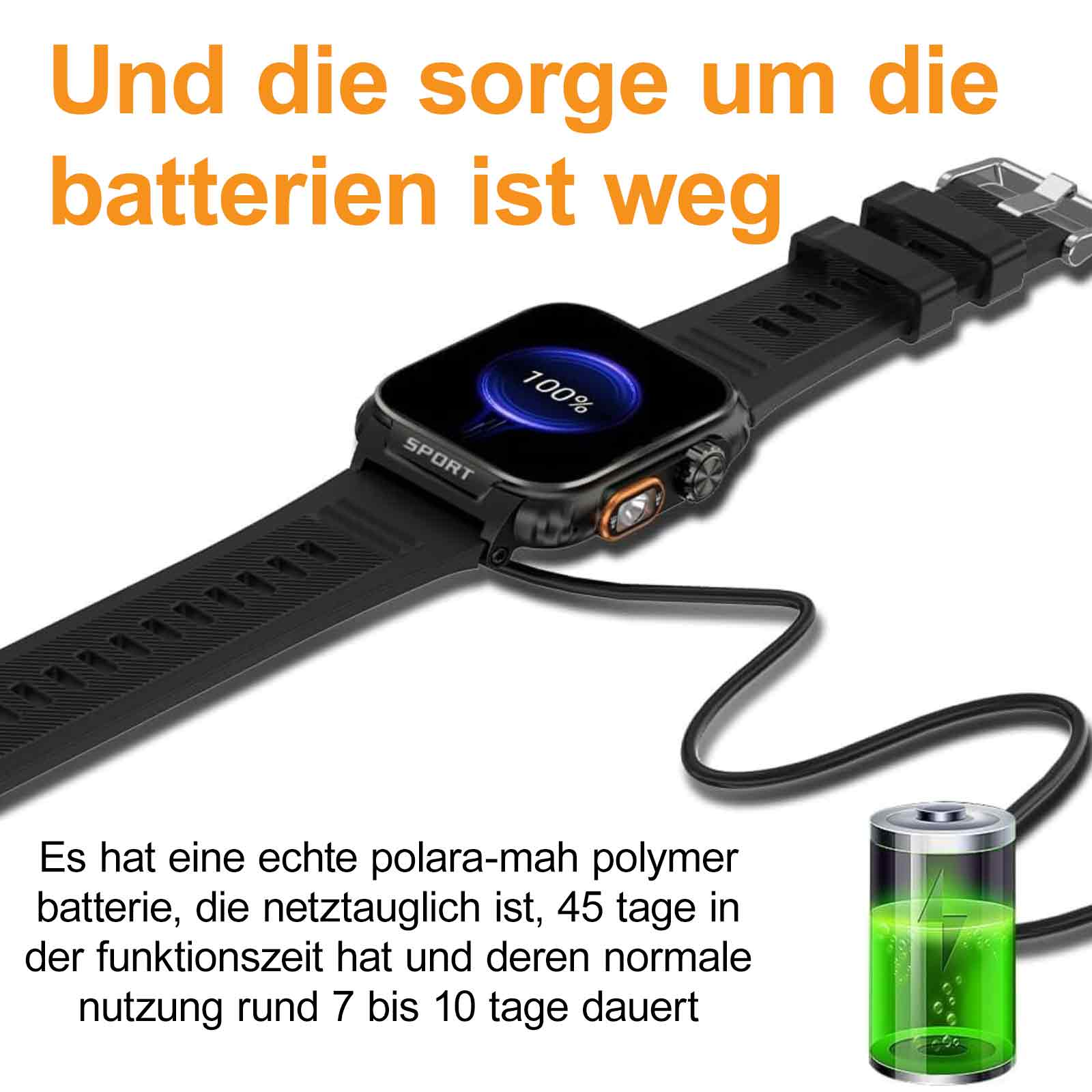 Smartwatch wird geladen, grünes Batteriesymbol zeigt 100% auf schwarzem Display.
