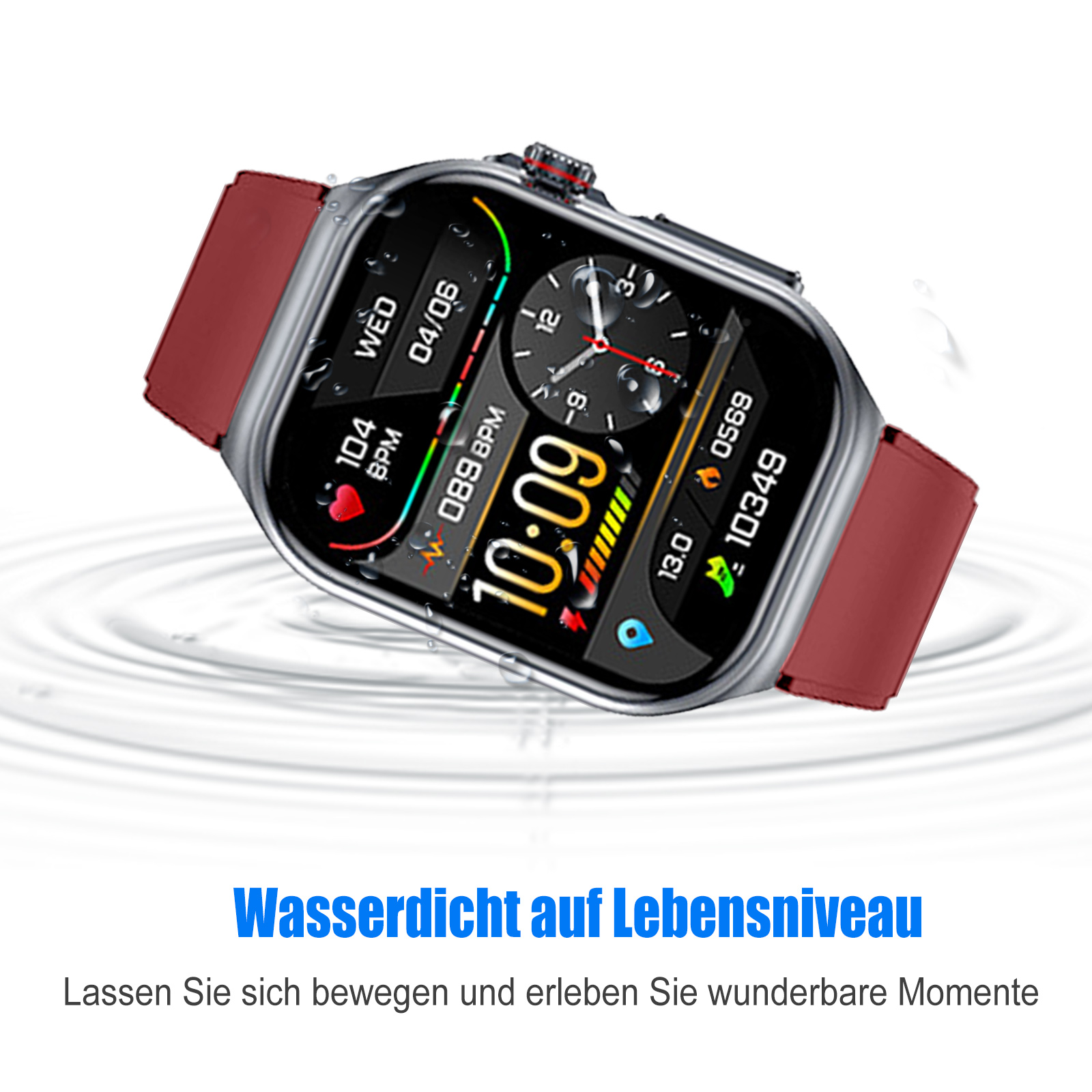Eine Smartwatch mit rotem Armband wird gezeigt, mit Wassertropfen, was auf Wasserbeständigkeit hindeutet.