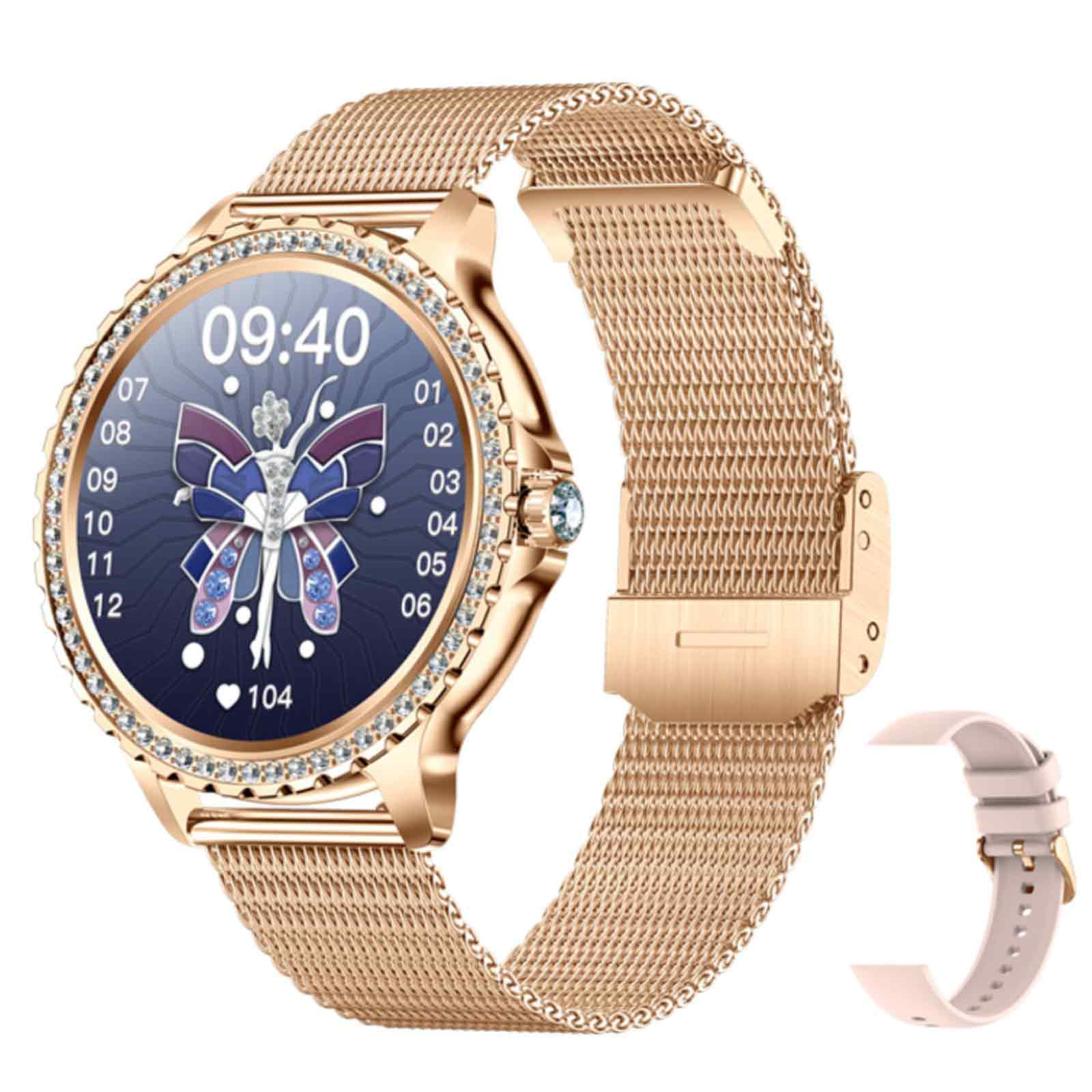 Eine goldene Smartwatch mit pinkfarbenem Armband, die ein Schmetterlingsdesign auf dem Bildschirm zeigt.