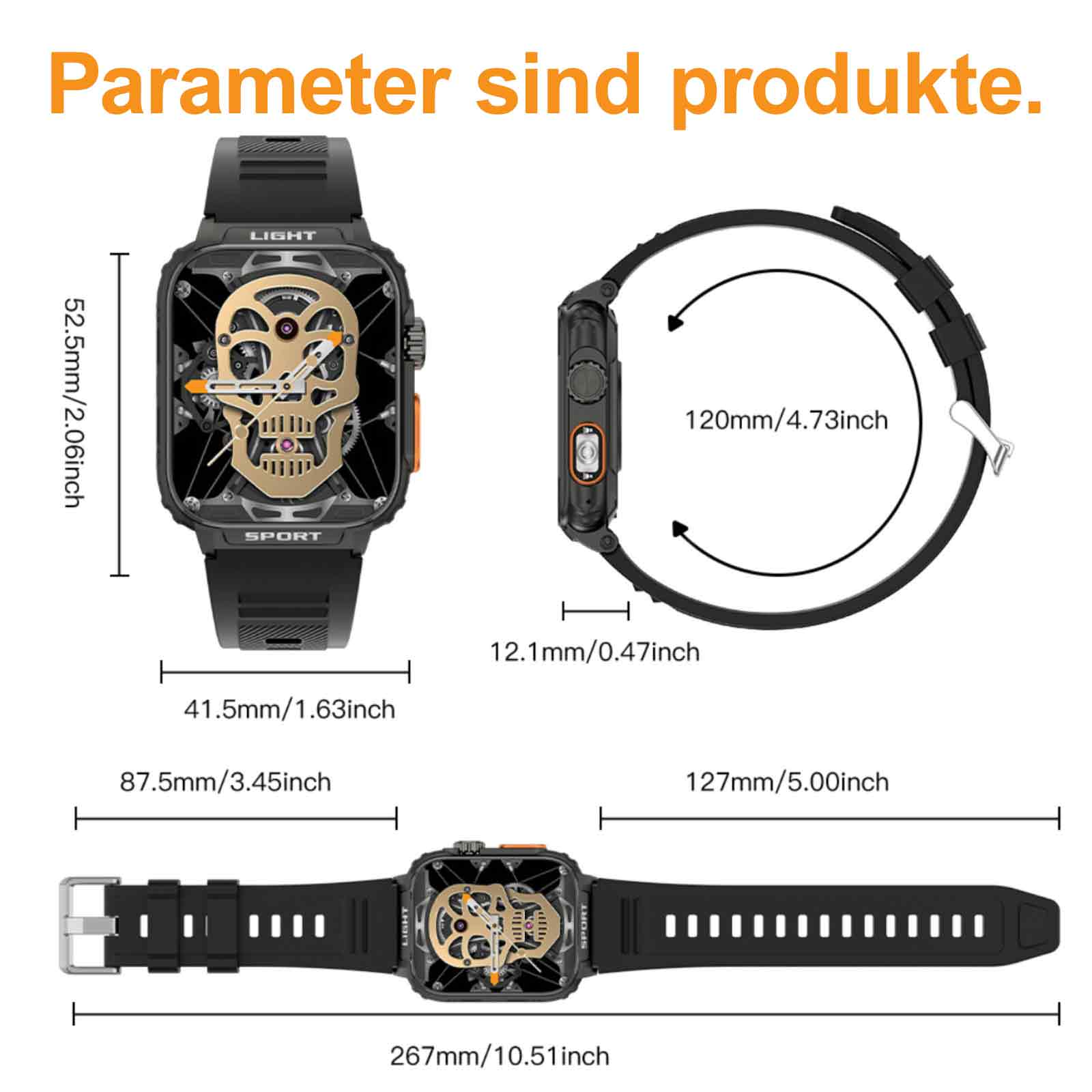 Eine schwarze Smartwatch, die Abmessungen und Designdetails zeigt.