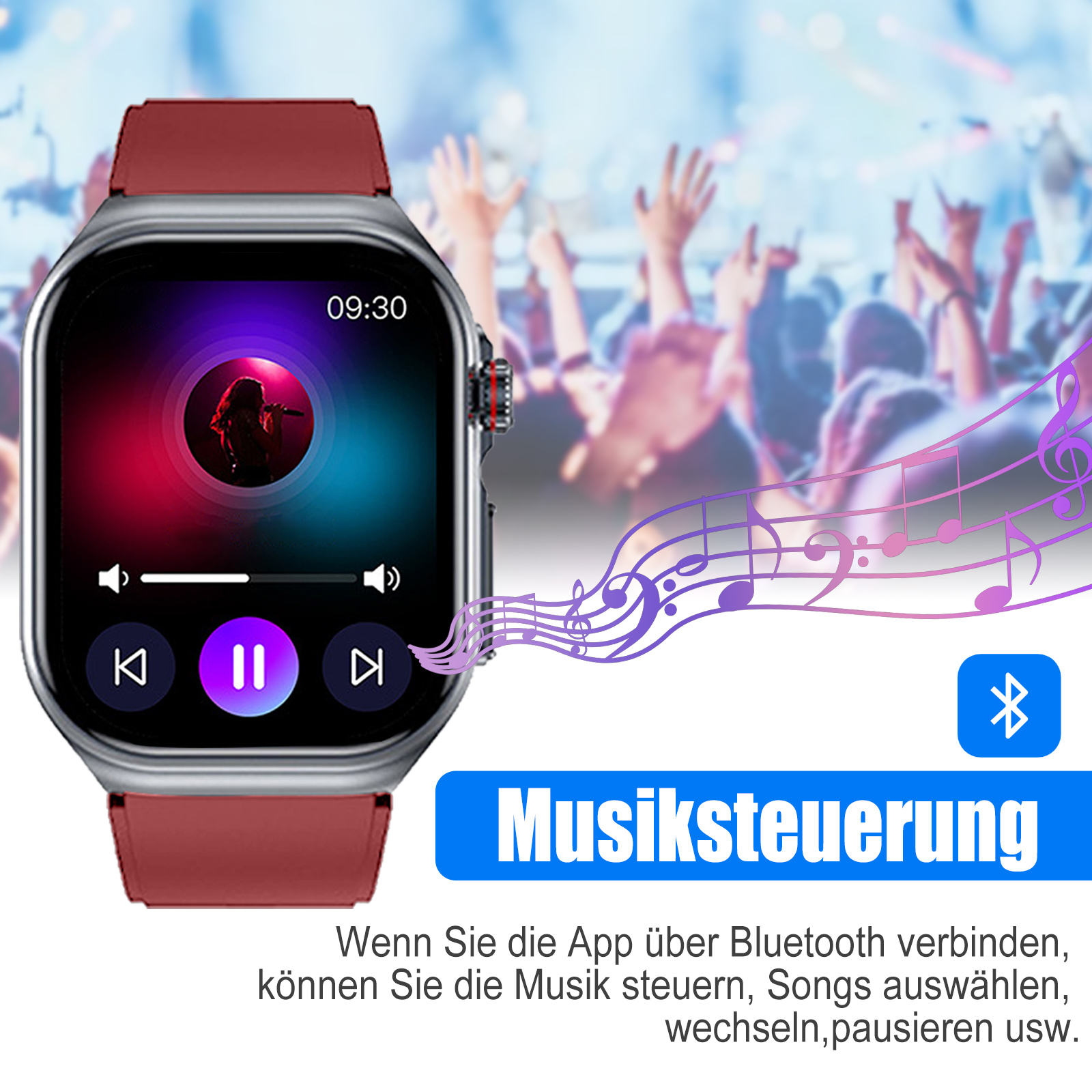 Eine Smartwatch mit Musiksteuerung auf dem Bildschirm, mit einem violetten Musiknotenpfad.