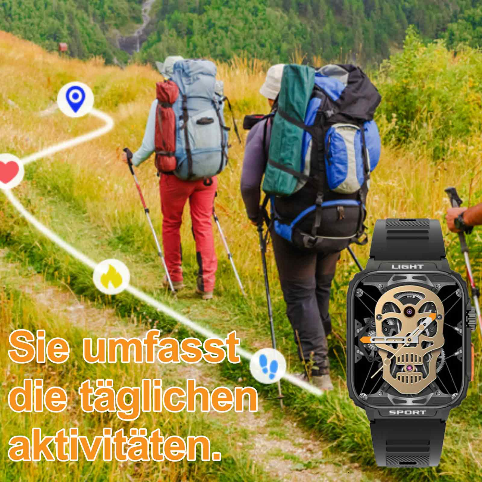 Wanderer mit Rucksäcken auf einem Pfad. Eine Uhr zeigt ein Totenkopf-Design und Aktivitätssymbole.