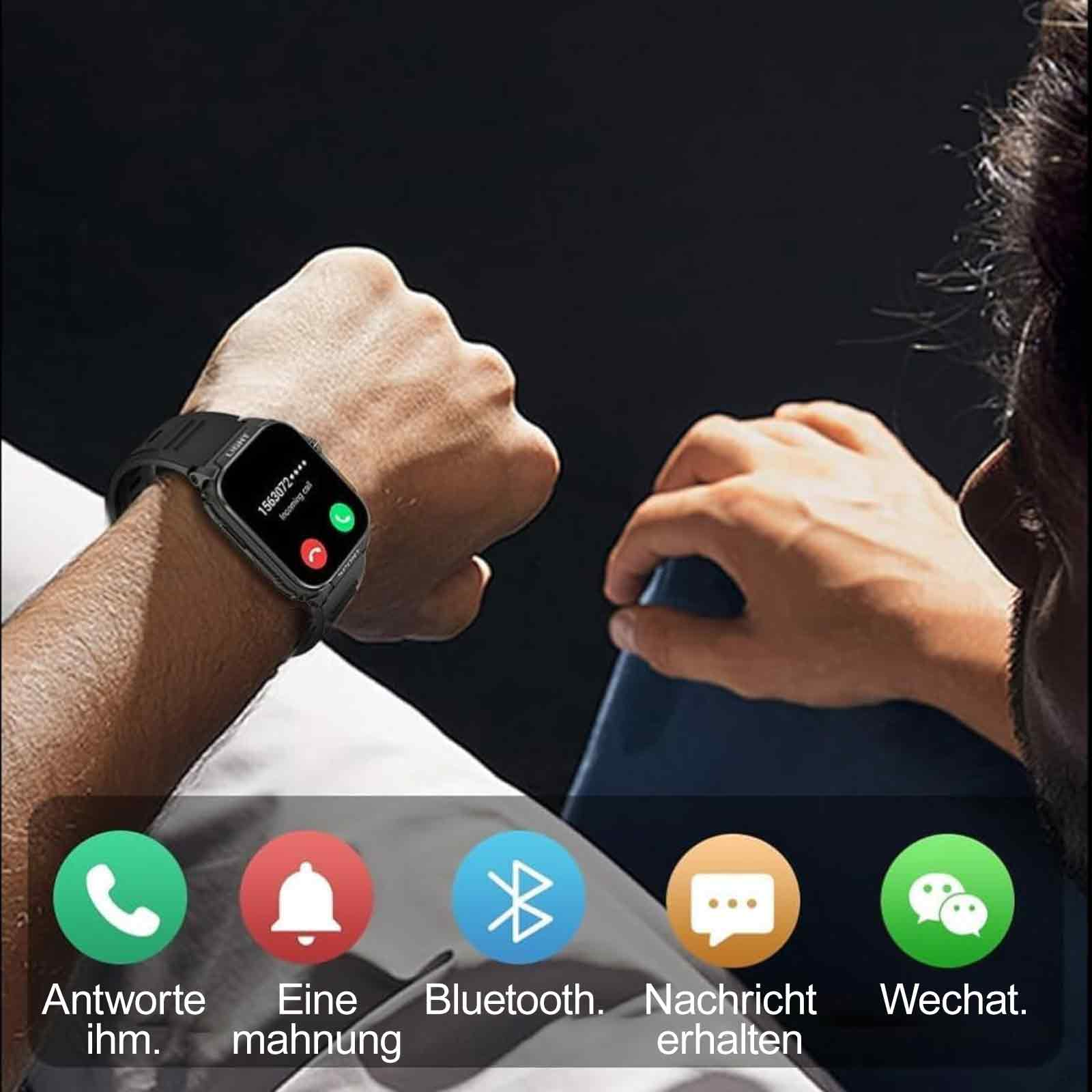 Eine Smartwatch zeigt einen Anruf an, mit Symbolen für Annehmen, Erinnerung, Bluetooth, Nachricht und WeChat.