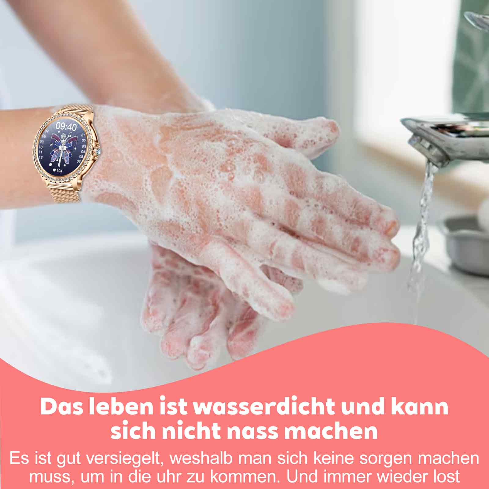 Hände waschen unter einem Wasserhahn mit goldener Armbanduhr, mit Textüberlagerung.