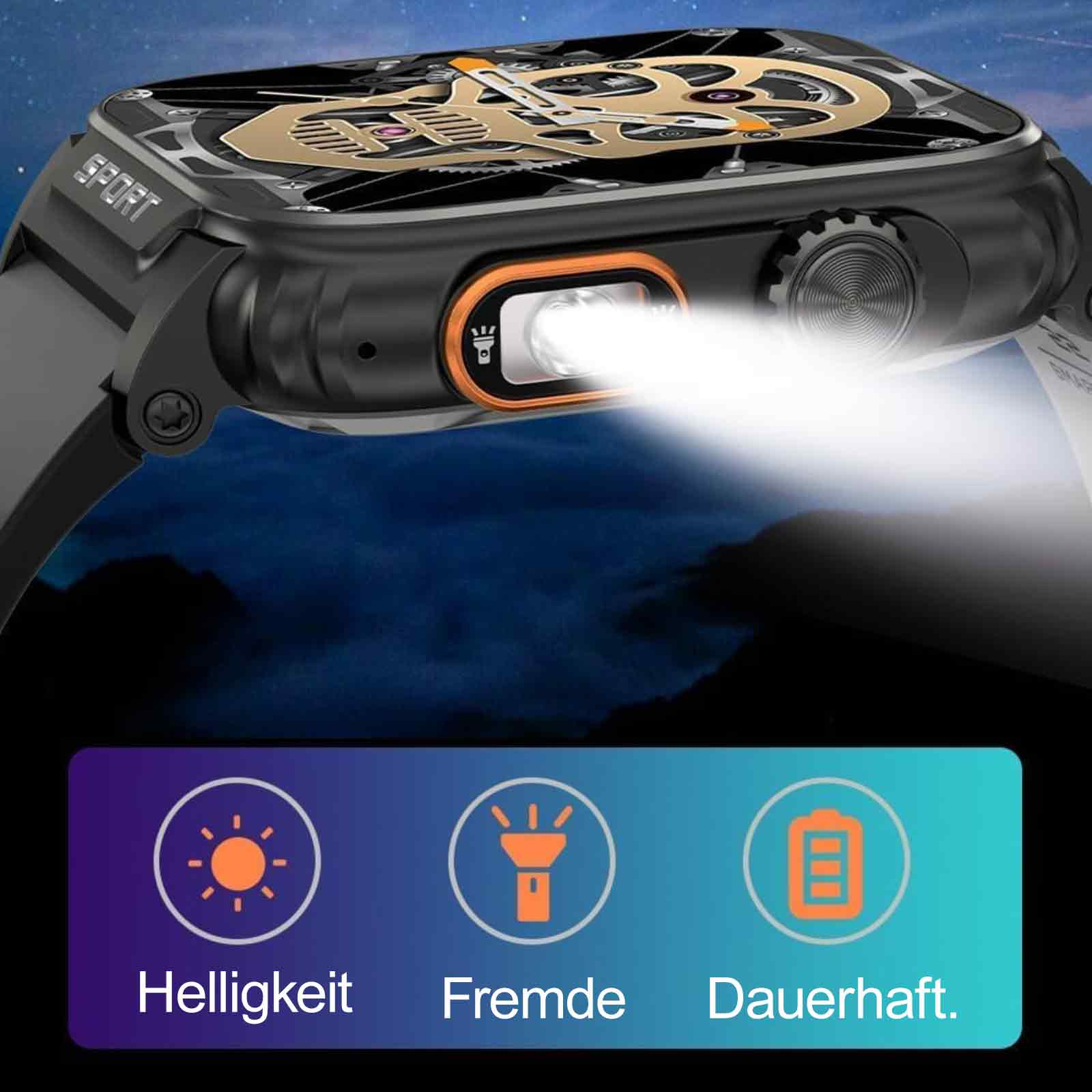 Eine Smartwatch mit Totenkopf-Design. Die Uhr strahlt Licht mit Helligkeits-, Taschenlampen- und Batteriesymbolen aus.