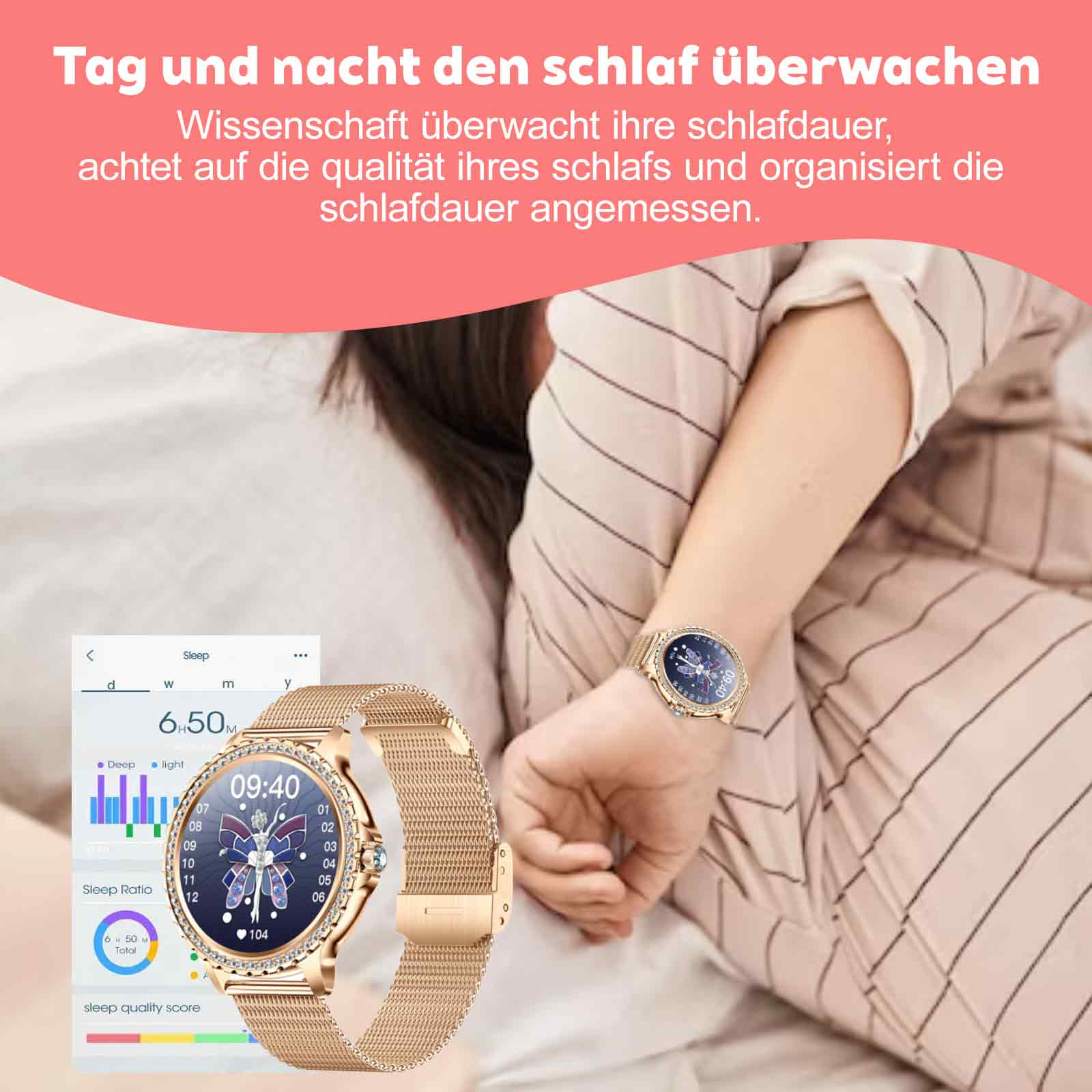 Eine Frau trägt eine goldene Uhr am Handgelenk, eine zweite Uhr und Diagramme. Text lautet Schlafüberwachung.