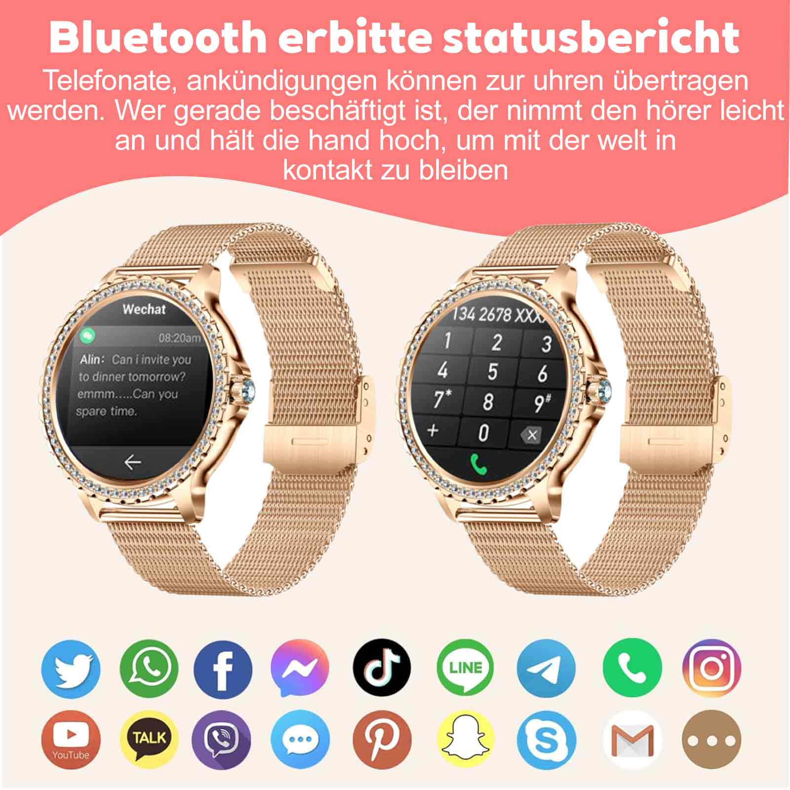 Zwei Smartwatches, die eine Telefonanruf- und Textnachrichten-Oberfläche mit Social-Media-Symbolen anzeigen.
