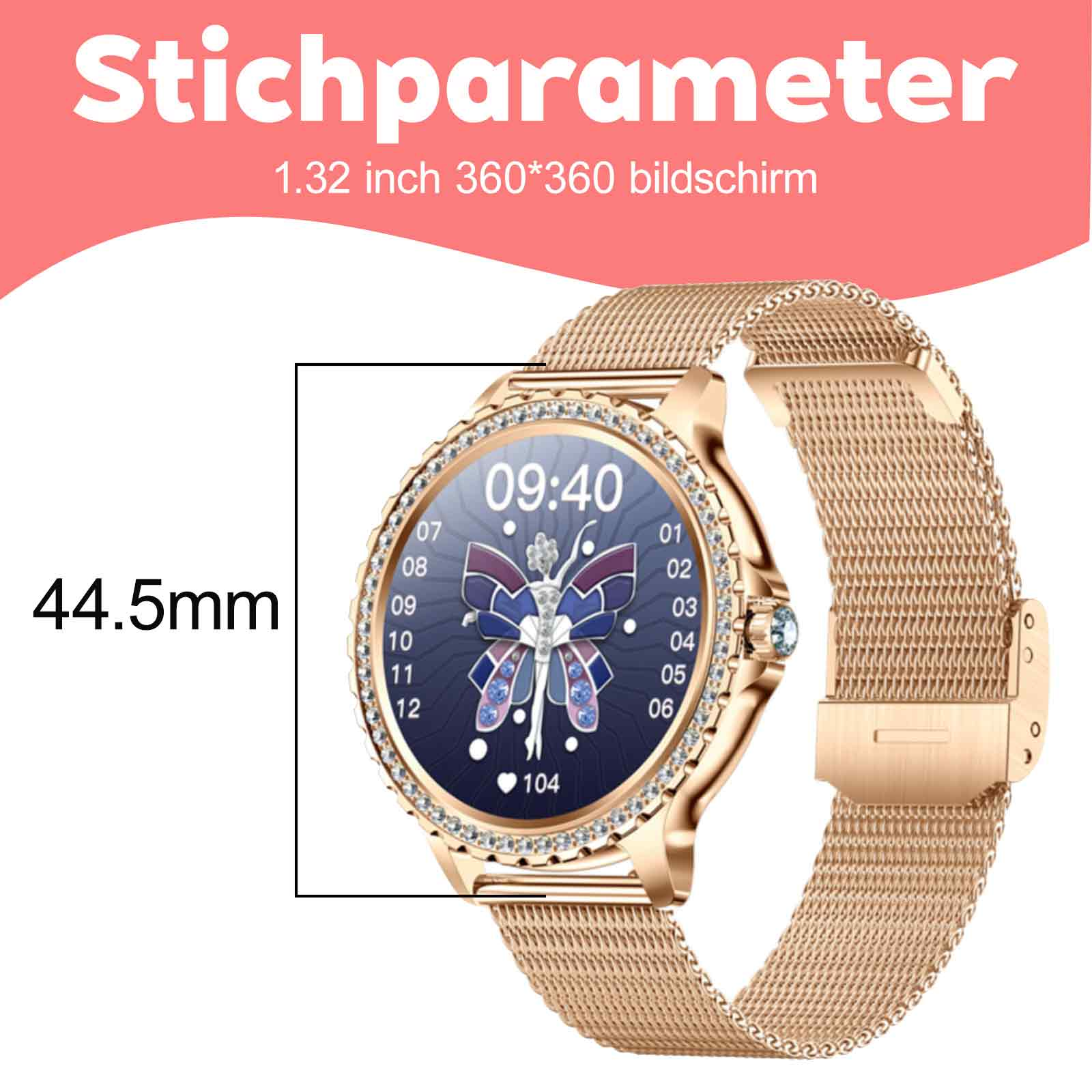 Eine goldene Uhr mit verziertem Zifferblatt, das Zeit und andere Daten anzeigt, mit Text.