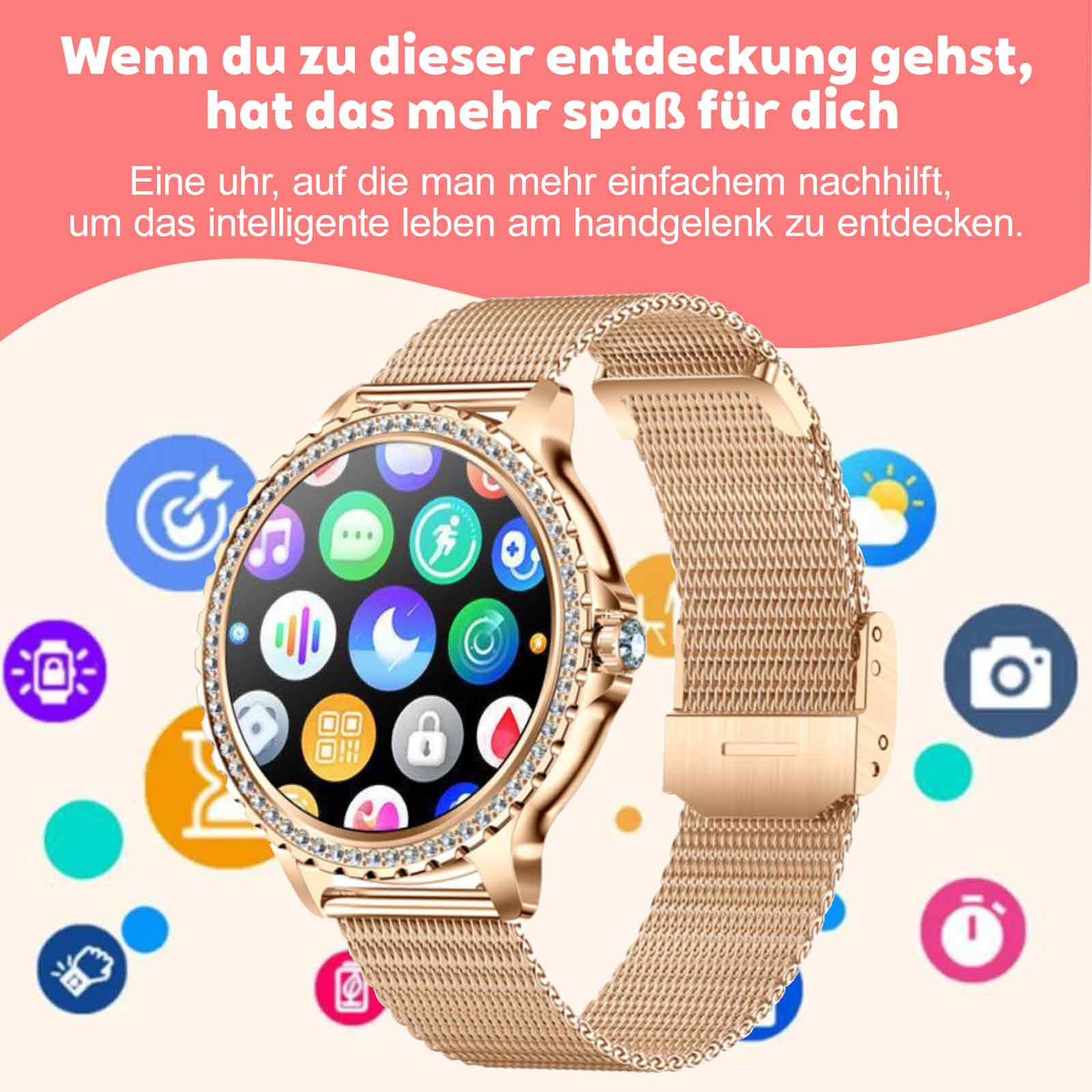 Goldene Smartwatch mit rundem Bildschirm, Symbolen und Mesh-Armband. Text im Hintergrund.