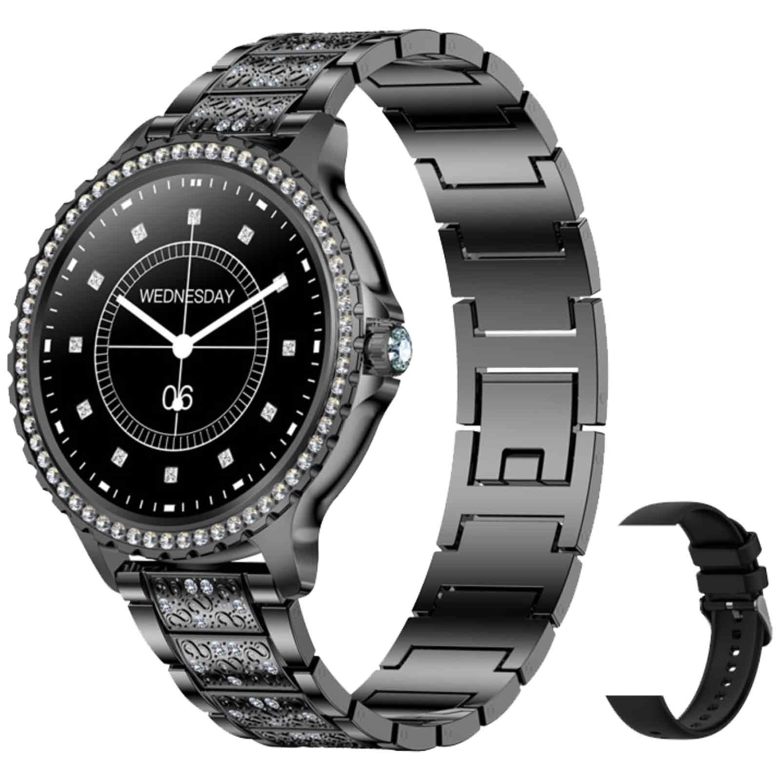 Schwarze Smartwatch mit schwarzem Armband, Ersatzband und schwarzem Zifferblatt mit Mittwoch.