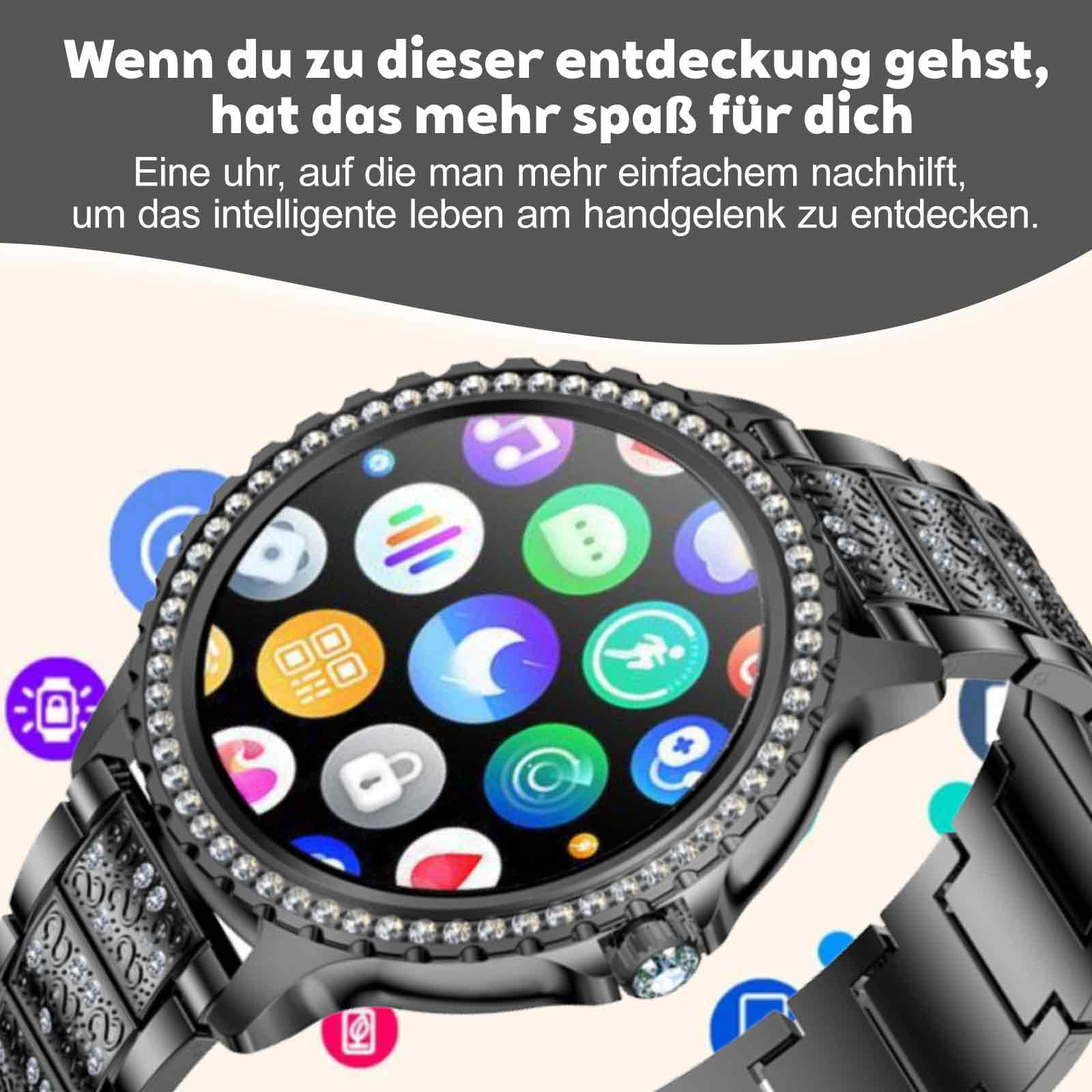 Schwarze Uhr mit Symbolen auf dem Bildschirm. Dekorative schwarze Armband. Text auf Deutsch oben.