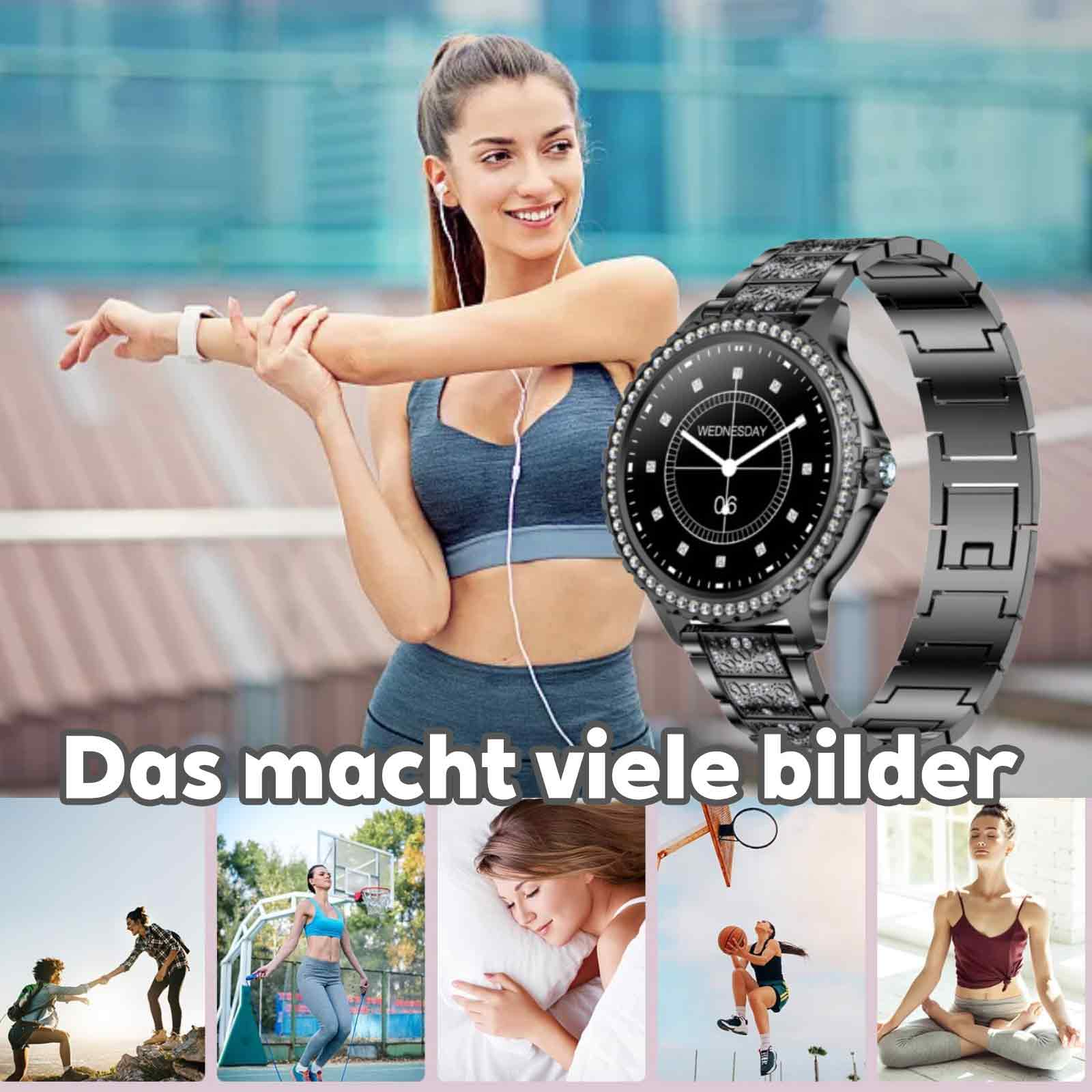 Eine Frau mit Smartwatch und dekorativem Armband. Zusätzliche Bilder von Aktivitäten sind unten.