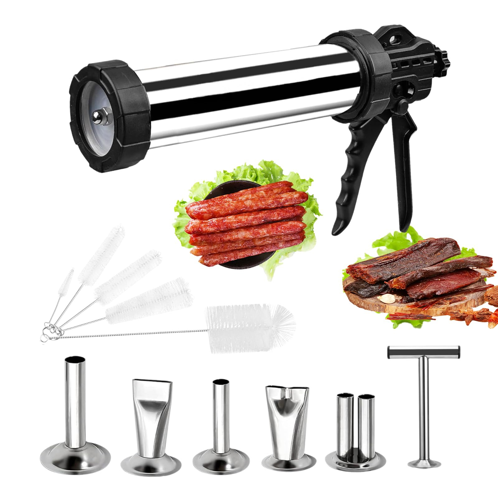 Ein Wurstfüller mit Edelstahlaufsätzen. Würste und Fleisch werden gezeigt.