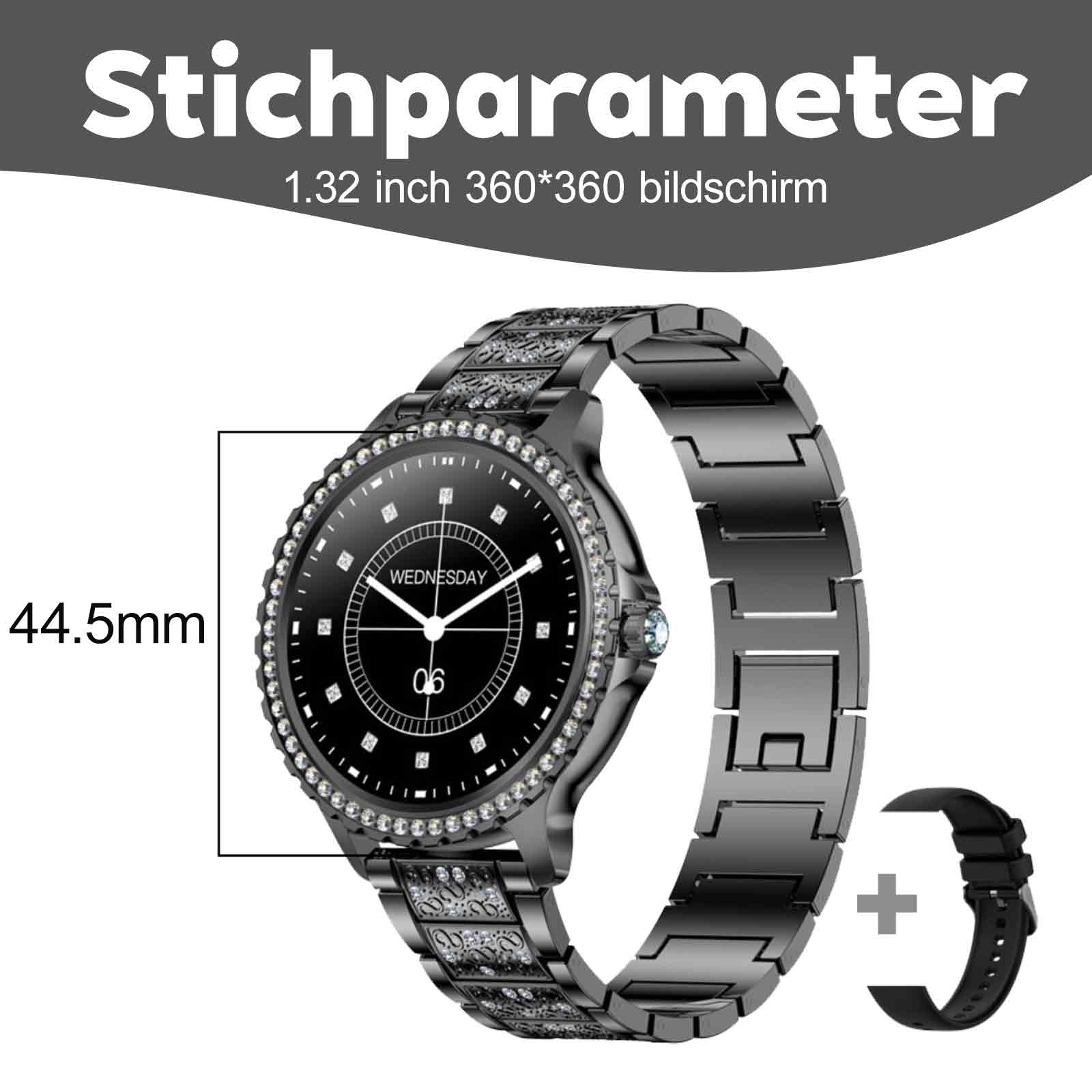 Eine schwarze Smartwatch mit dekorativem Armband. Ein Ersatzband wird gezeigt. Text und Maße werden angezeigt.