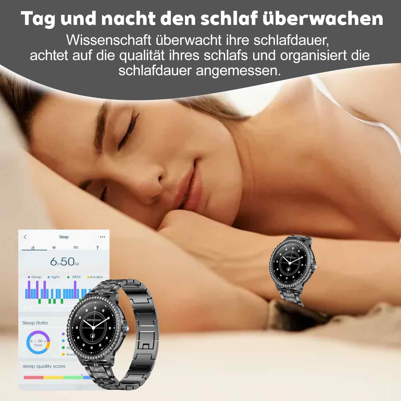Eine Frau schläft, während eine Smartwatch Schlafdaten anzeigt. Eine zweite Uhr ist ebenfalls abgebildet.