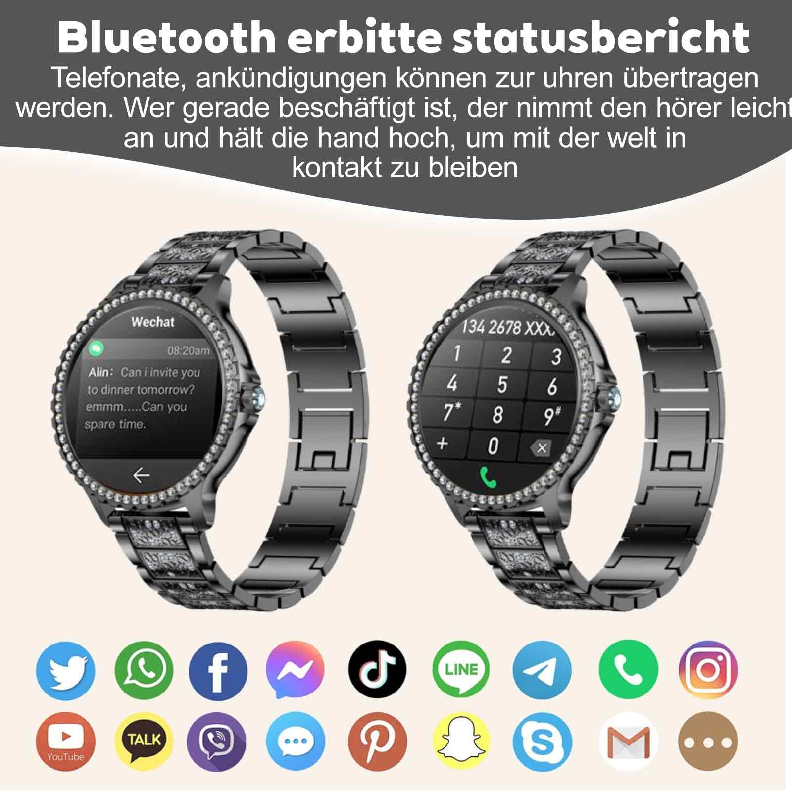 Zwei Smartwatches, die Nachrichten und ein Wählfeld anzeigen. Viele Social-Media-Symbole sind unten.