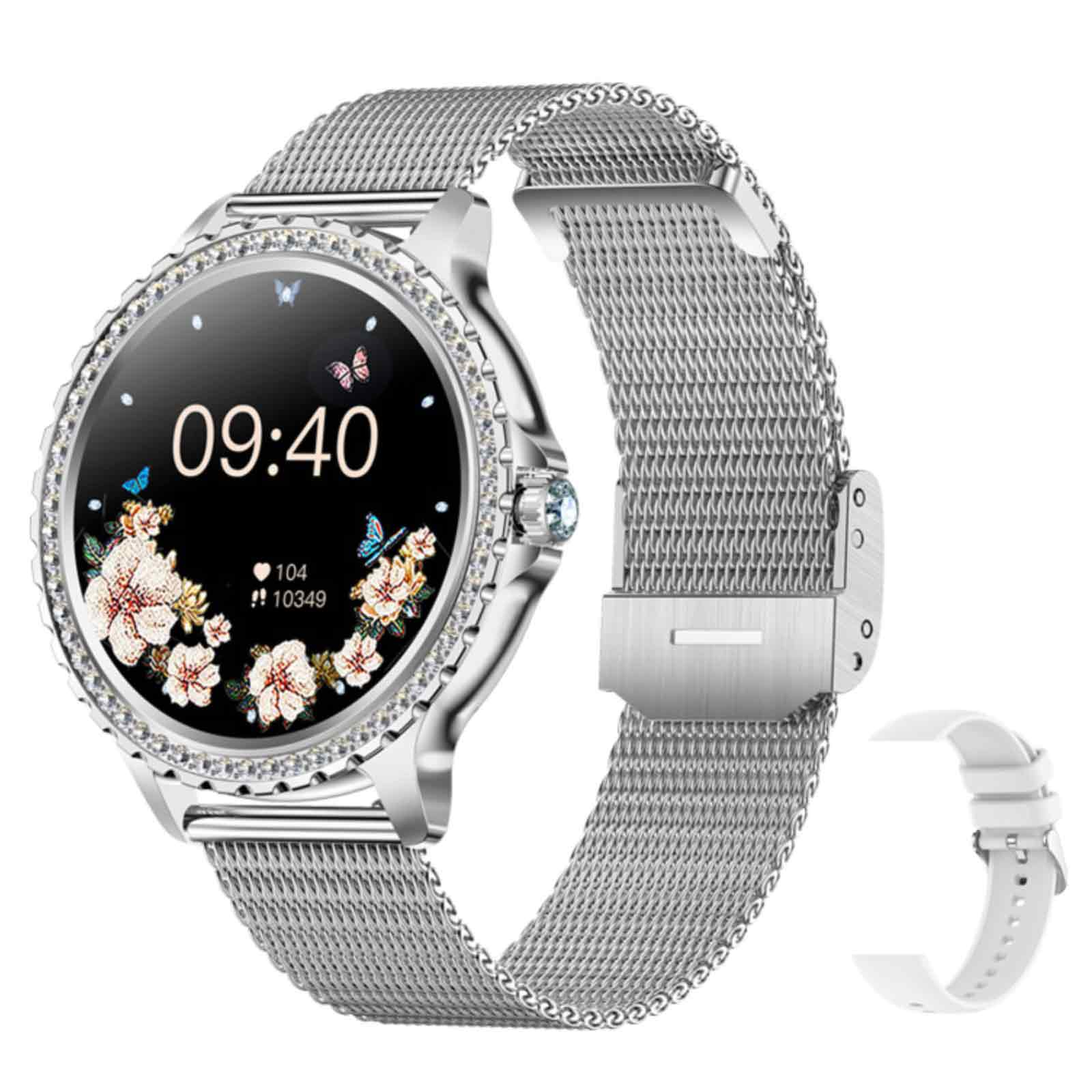 Silberne Smartwatch mit rundem Zifferblatt und silbernem Armband. Das Zifferblatt zeigt die Zeit, ein Blumendesign und Schmetterlinge.