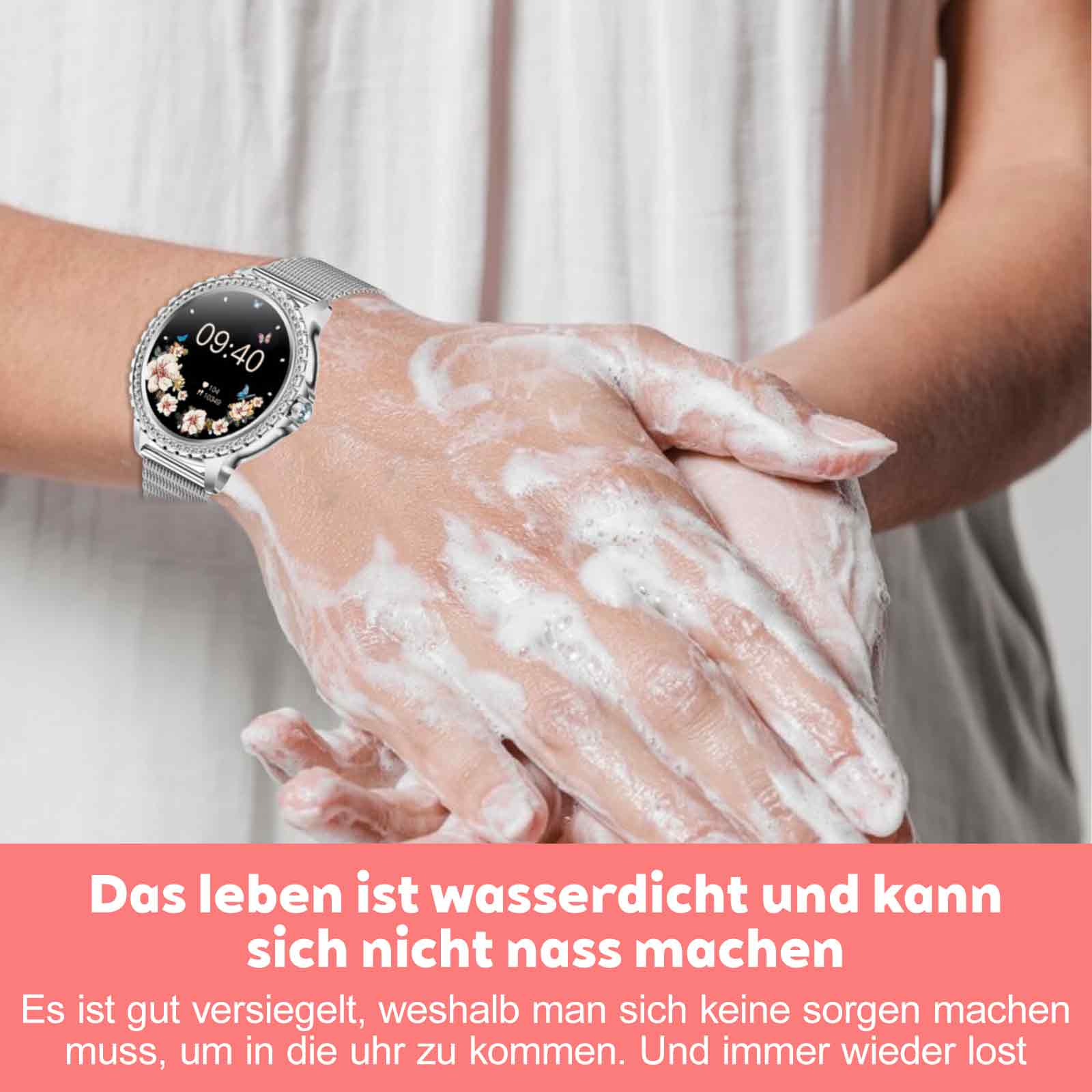 Nahaufnahme eines Handgelenks mit Smartwatch, Hände in Wasser, Text.