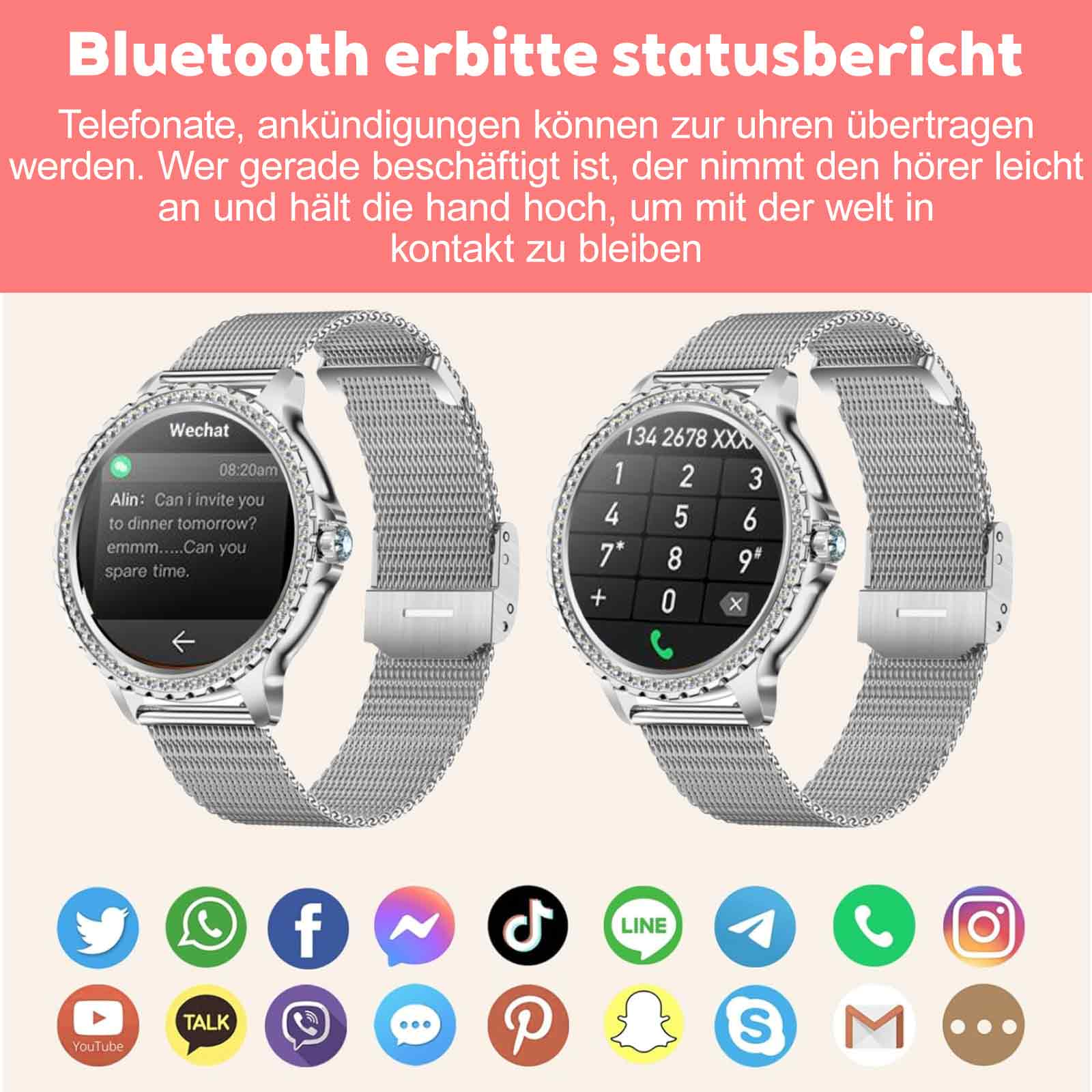 Smartwatch mit rundem Bildschirm, der Nachrichten und eine Tastaturschnittstelle anzeigt. Mehrere Social-Media-Symbole sind sichtbar.