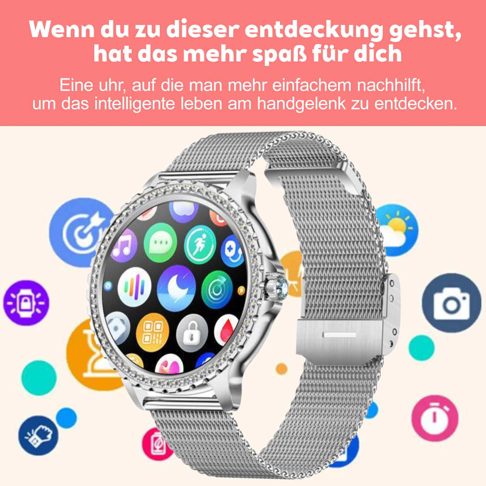 Smartwatch mit mehreren App-Symbolen auf dem Bildschirm, silbernes Armband.