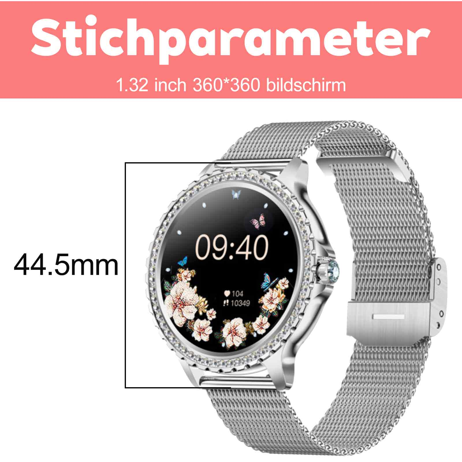 Smartwatch mit silbernem Gehäuse und Metallarmband. Das Zifferblatt zeigt die Uhrzeit und ein Blumendesign.