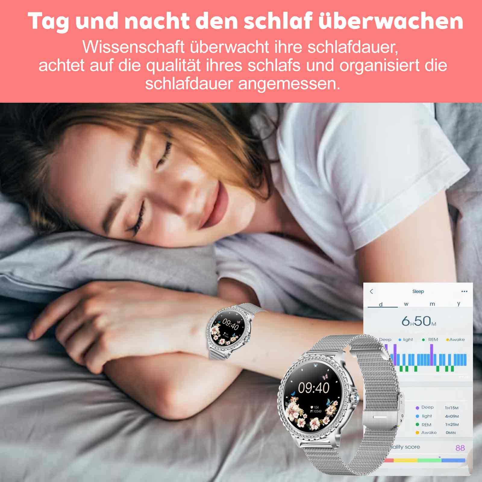 Schlafende Frau mit Smartwatch am Handgelenk, die Schlafdaten anzeigt. Zwei Smartwatches, Schlafanalyse an der Seite.