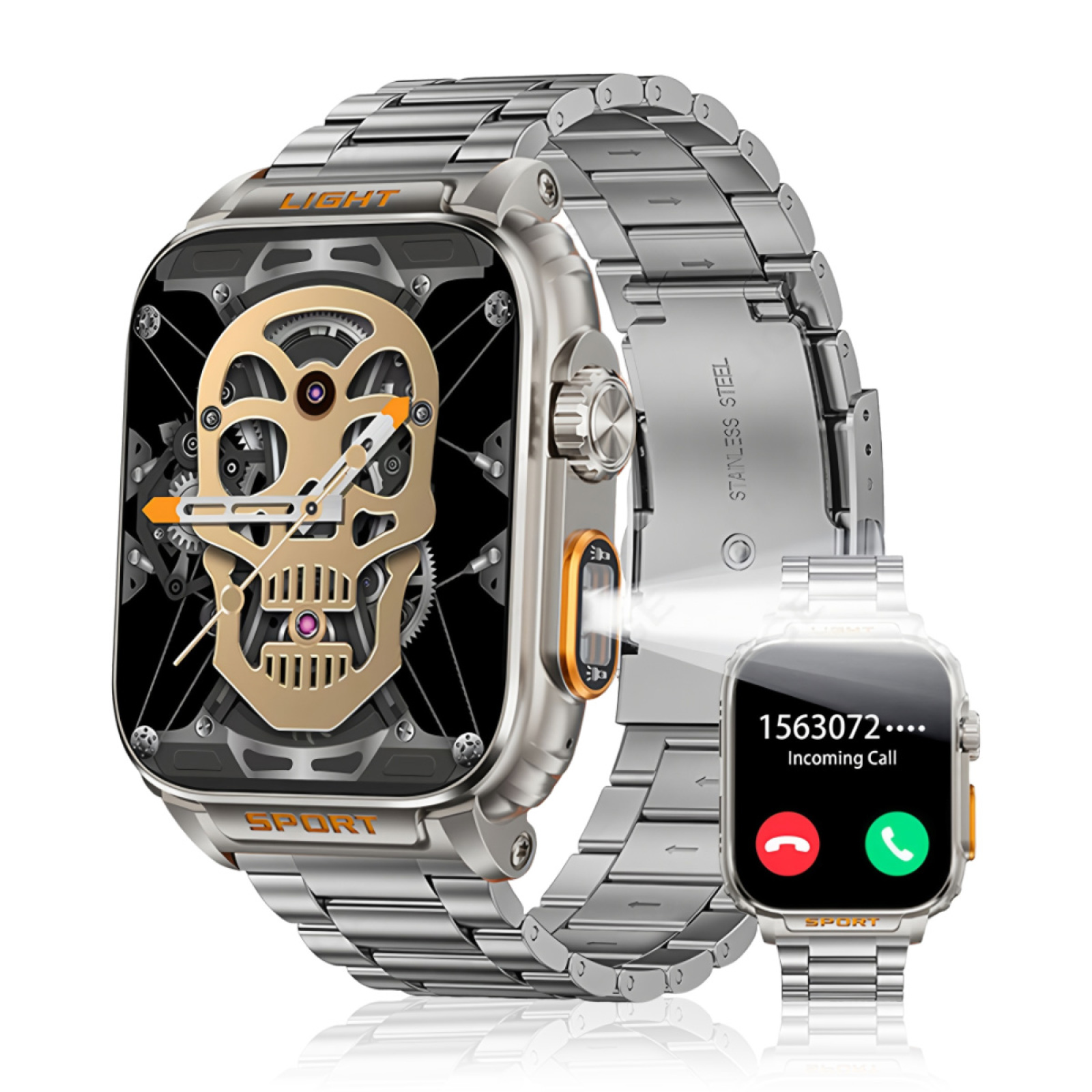 Smartwatch mit Metallrahmen und Totenkopf-Display, neben einer kleineren Uhr, die einen eingehenden Anruf anzeigt.