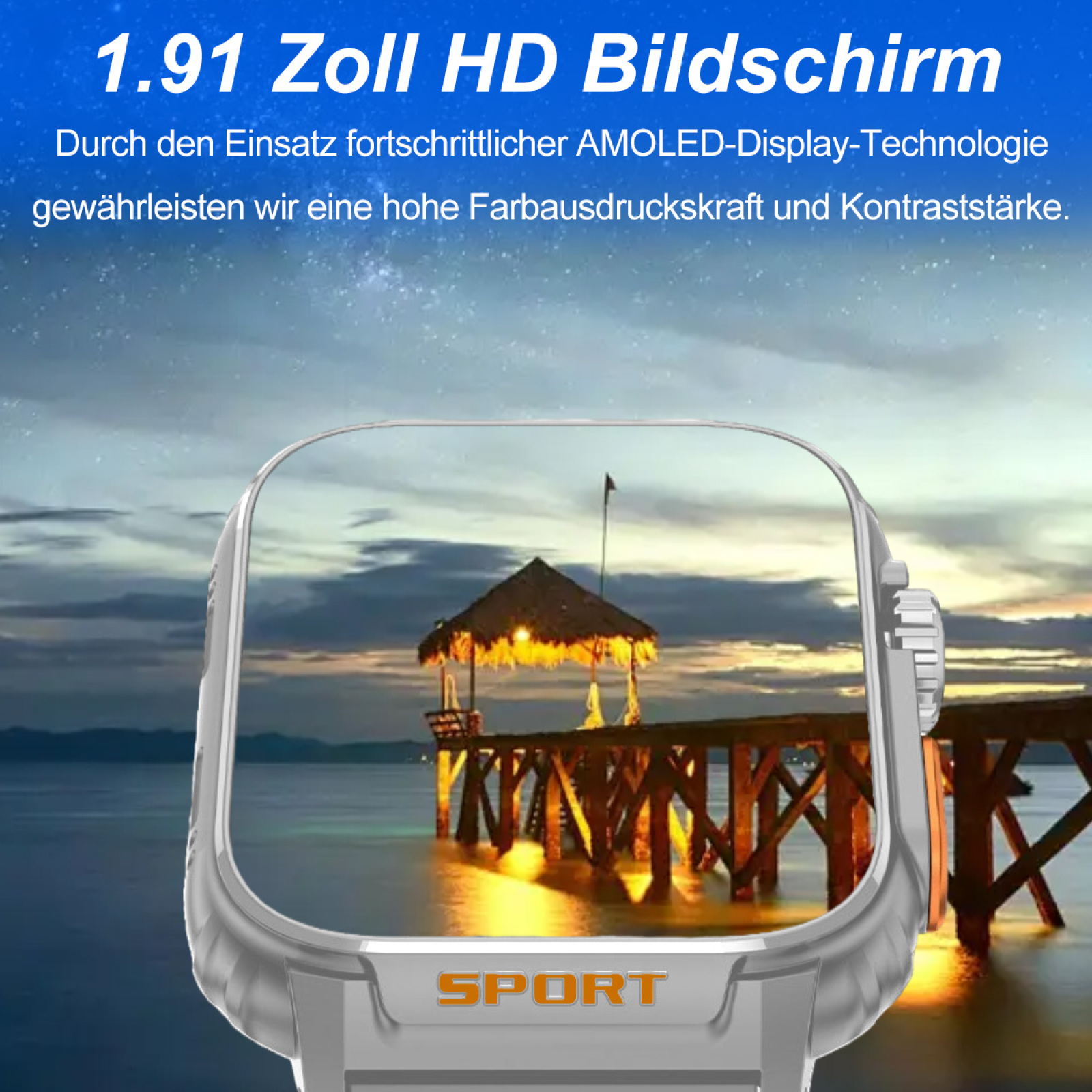 Smartwatch-Bildschirm, der eine Ansicht eines Piers mit einer Hütte und einem Gewässer zeigt. Die Uhr hat einen Silberrahmen.