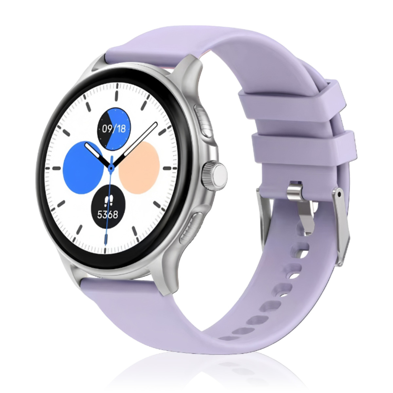 Smartwatch mit silbernem Gehäuse und lila Armband. Der Bildschirm zeigt Zeit und andere Informationen an.