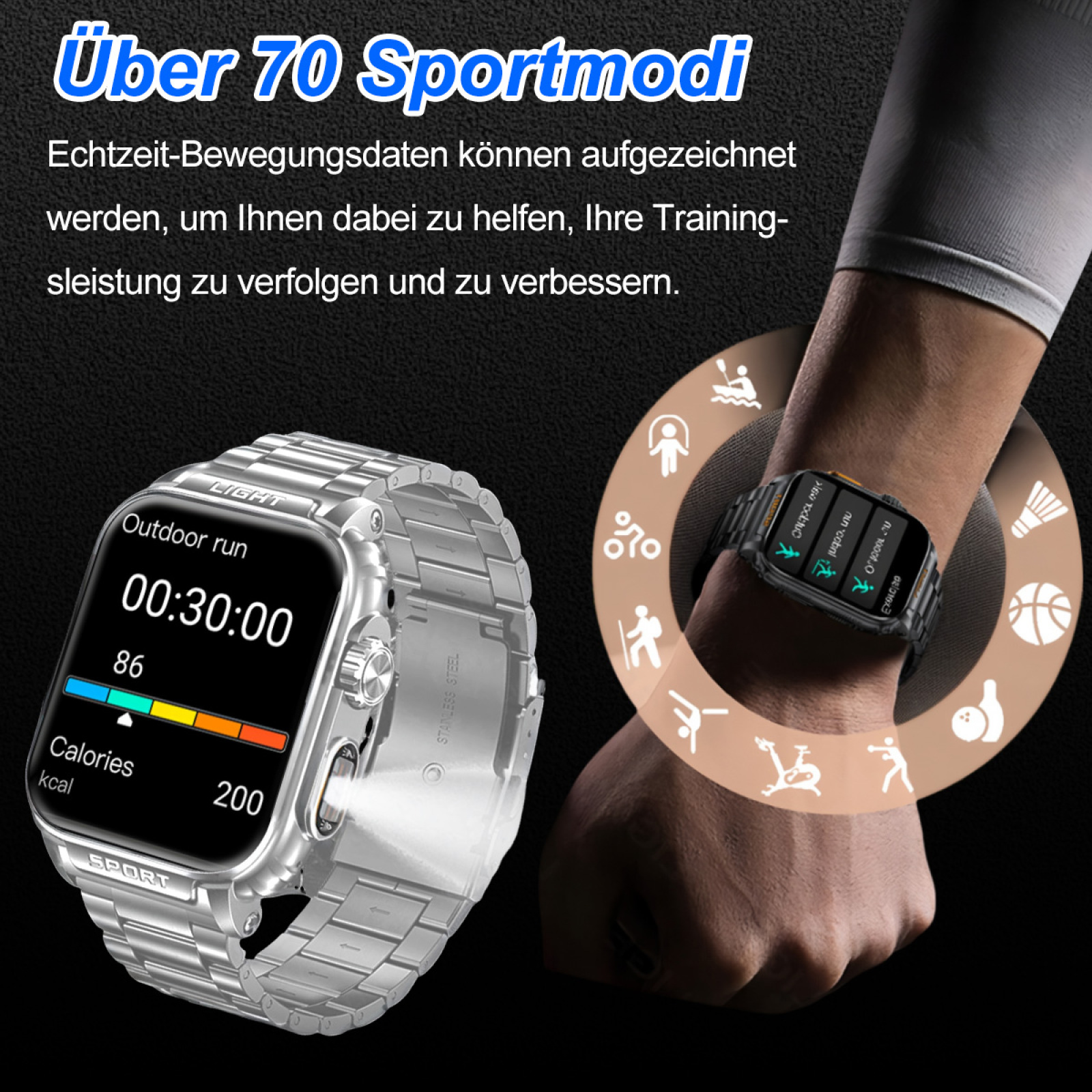 Silberne Smartwatch am Handgelenk, die Outdoor-Laufstatistiken zeigt, mit verschiedenen Sport-Symbolen drumherum.