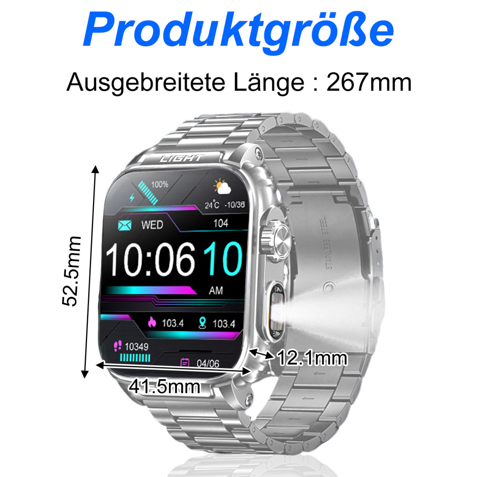 Smartwatch, die Zeit, Datum und andere Daten anzeigt. Ein Metallband und ein Rahmen umschließen den Bildschirm.