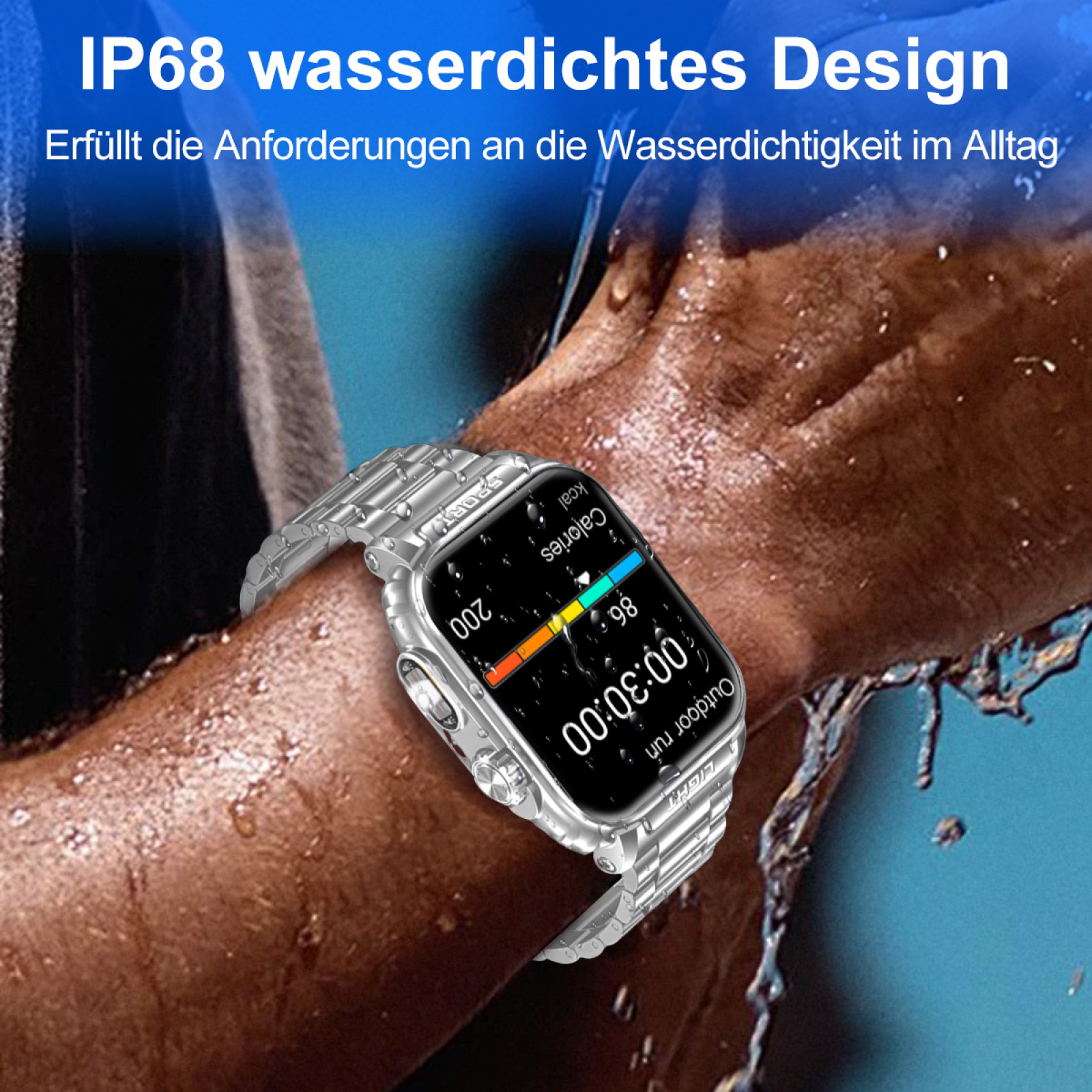 Eine silberne Smartwatch am Arm eines Mannes, mit Wasserspritzern, die Zeit und Aktivitätsstatistiken zeigt.