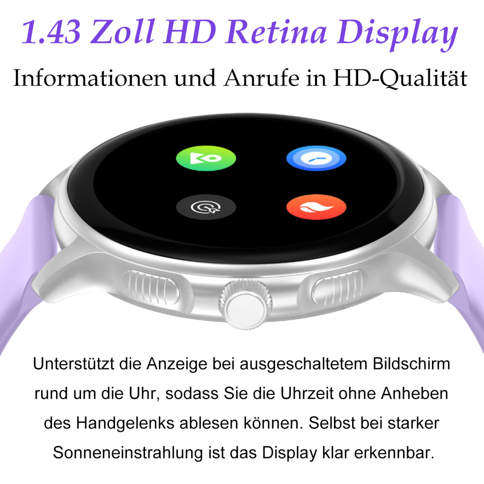 Smartwatch mit lila Armband, zeigt Zeit und Symbole auf einem runden Bildschirm. Die Uhr hat einen Silberrahmen.