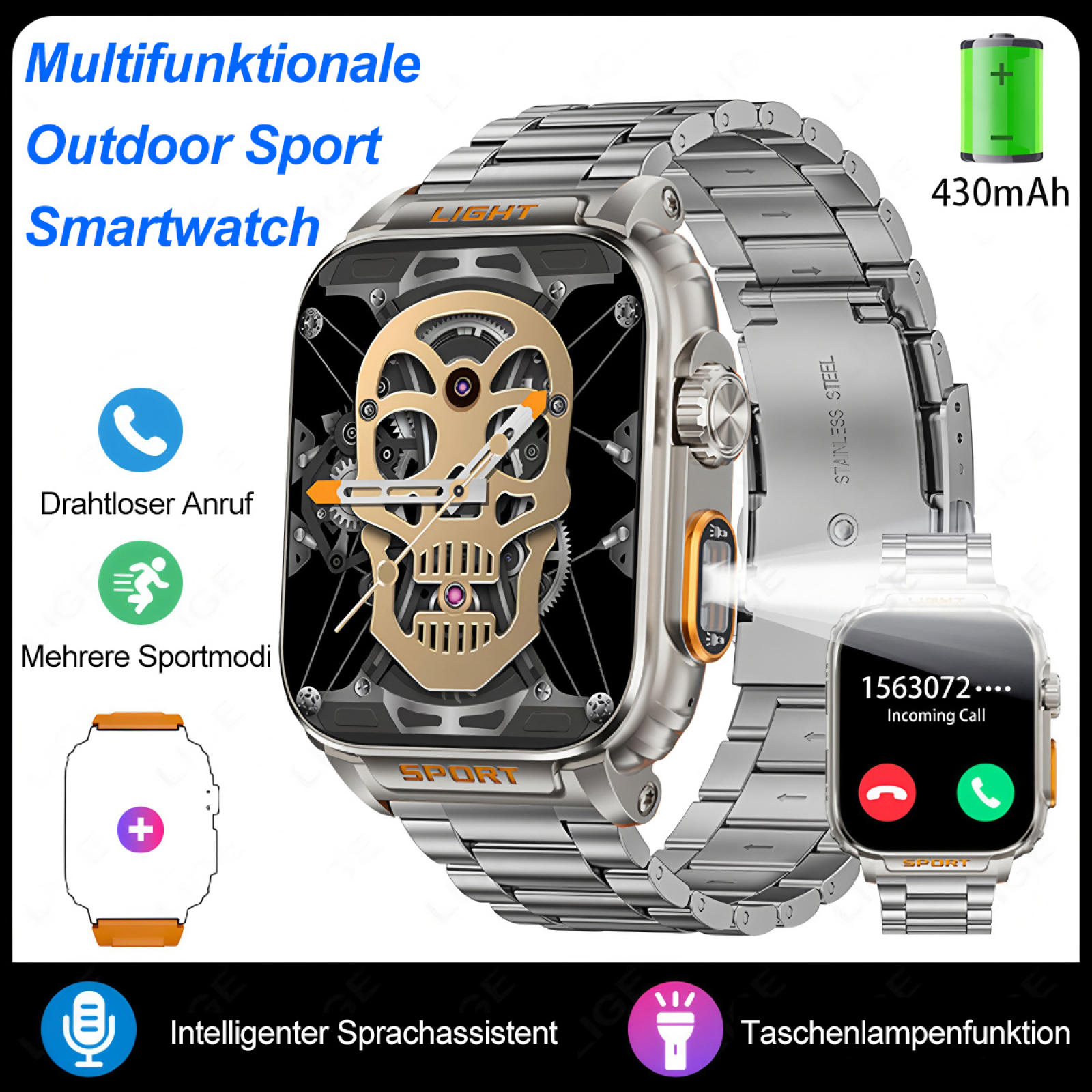 Silberne Smartwatch mit vielen Funktionen, einschließlich Anrufbenachrichtigung und Schädeldesign.