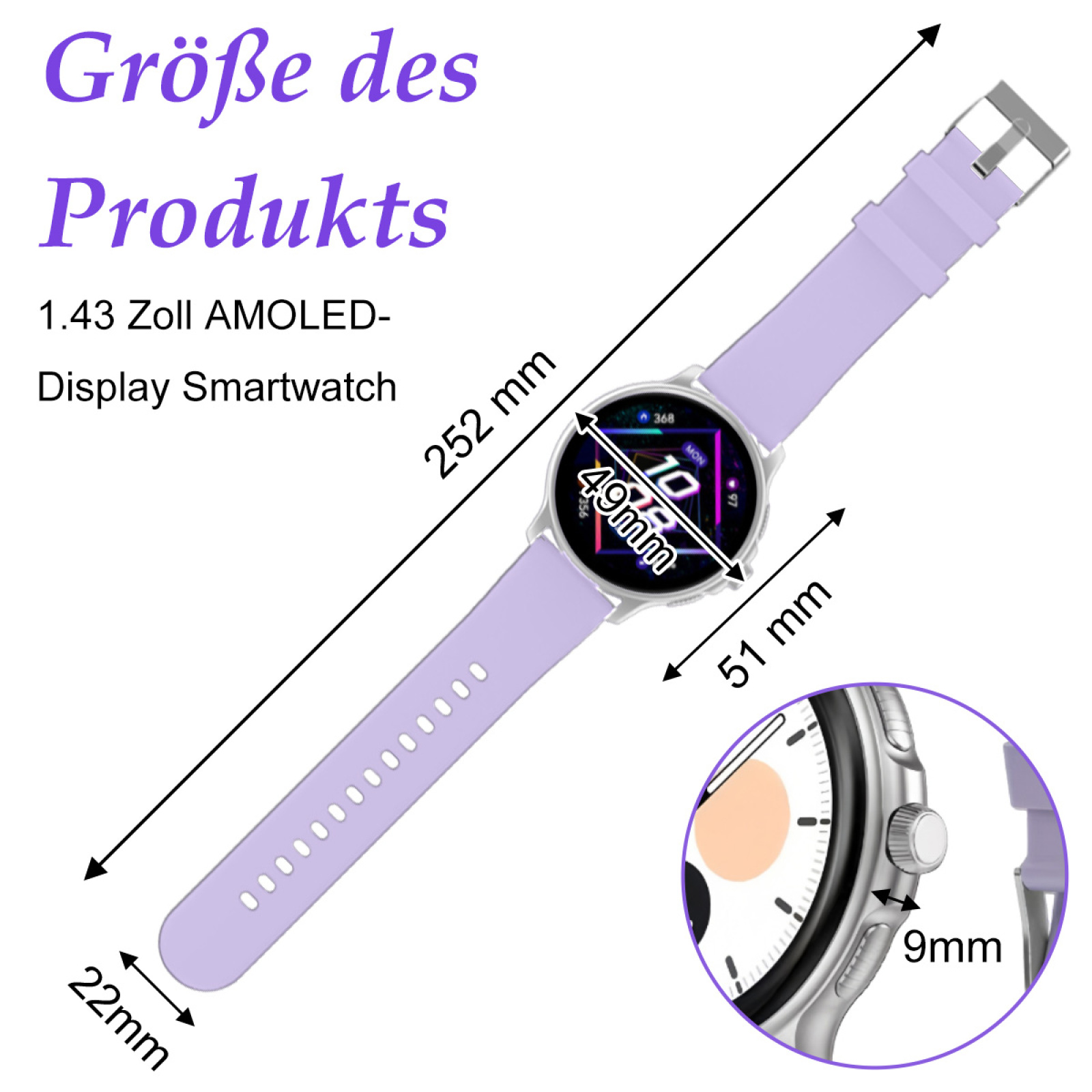 Eine lila Smartwatch mit angezeigten Abmessungen, einschließlich einer Nahaufnahme der Seitentaste.