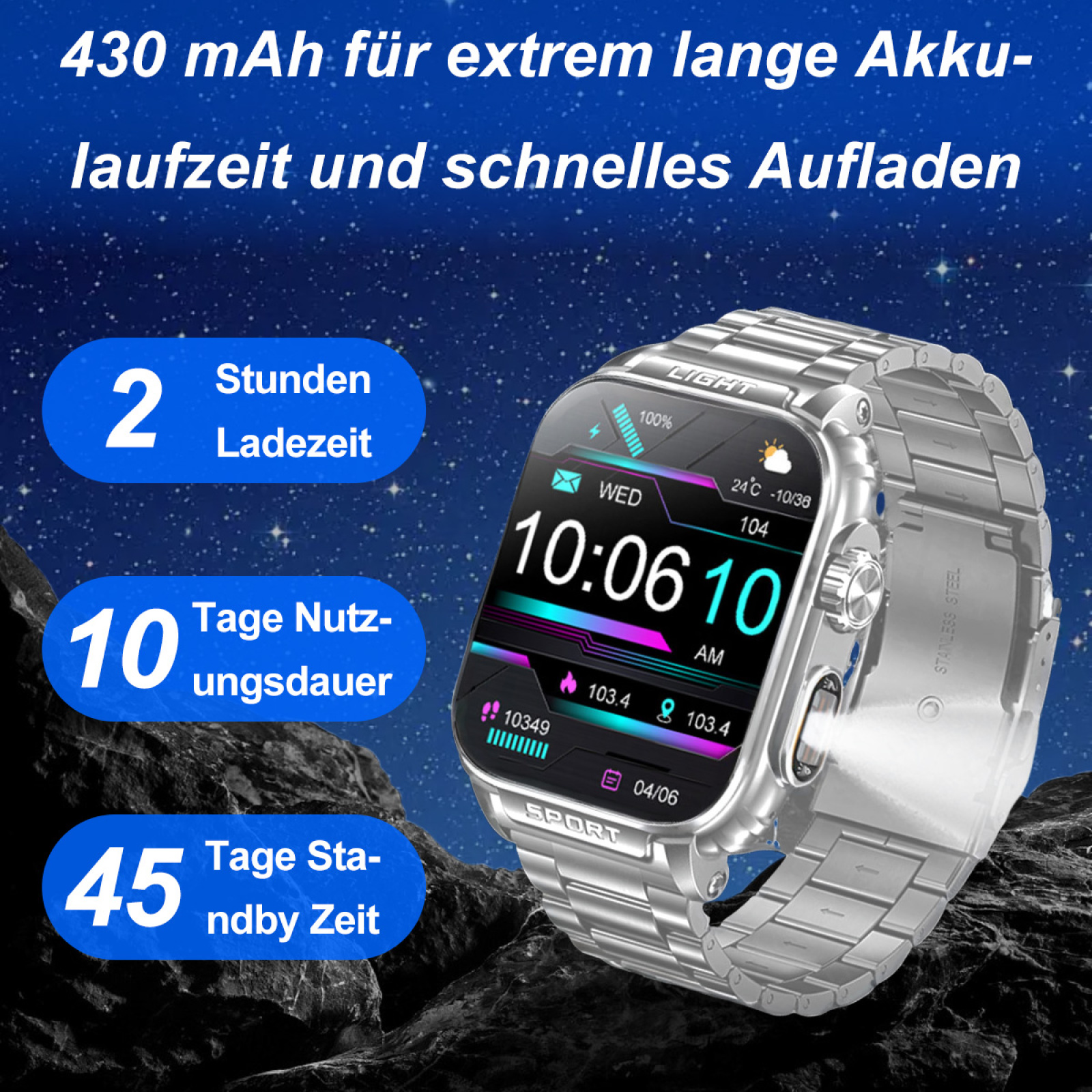 Smartwatch zeigt Akkulaufzeit, Uhrzeit und Gesundheitsdaten. Text auf Deutsch. Silbernes Band.