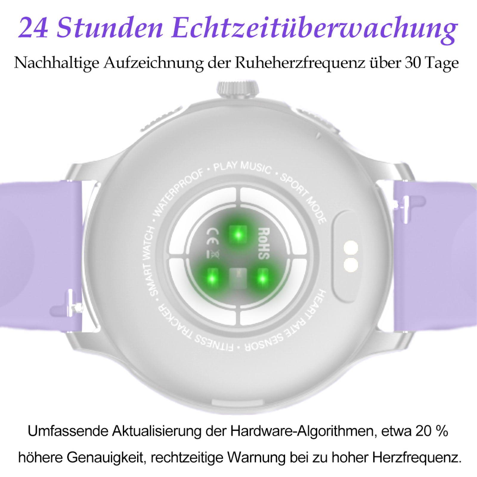 Rückseite einer lila Smartwatch mit Herzfrequenzsensoren und Text, der wasserdichte Eigenschaften angibt.