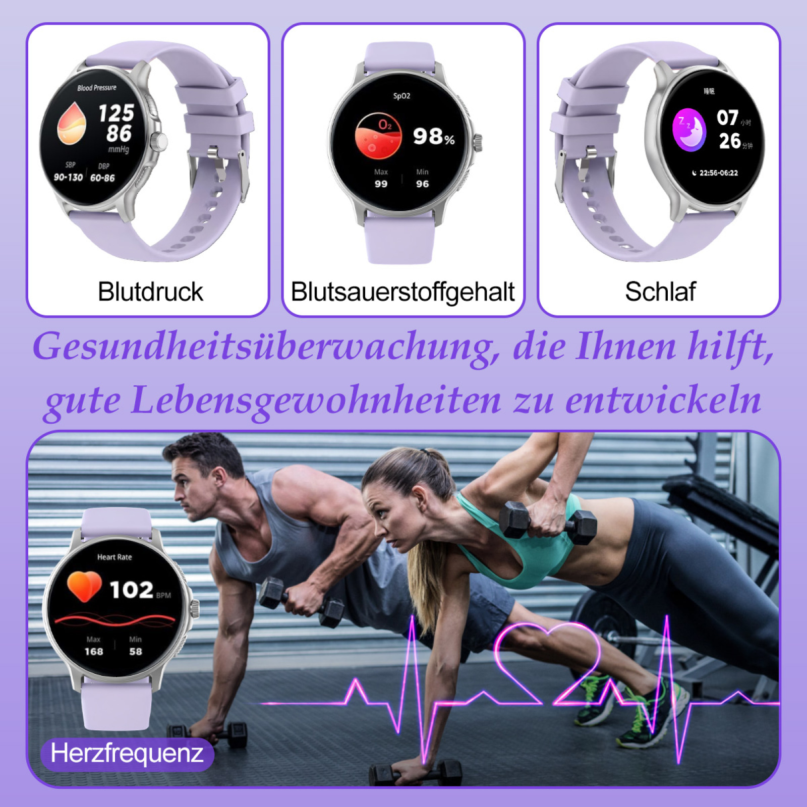 Drei Smartwatches zeigen Gesundheitsmetriken wie Blutdruck, Sauerstoff und Schlaf, mit aktiven Personen.