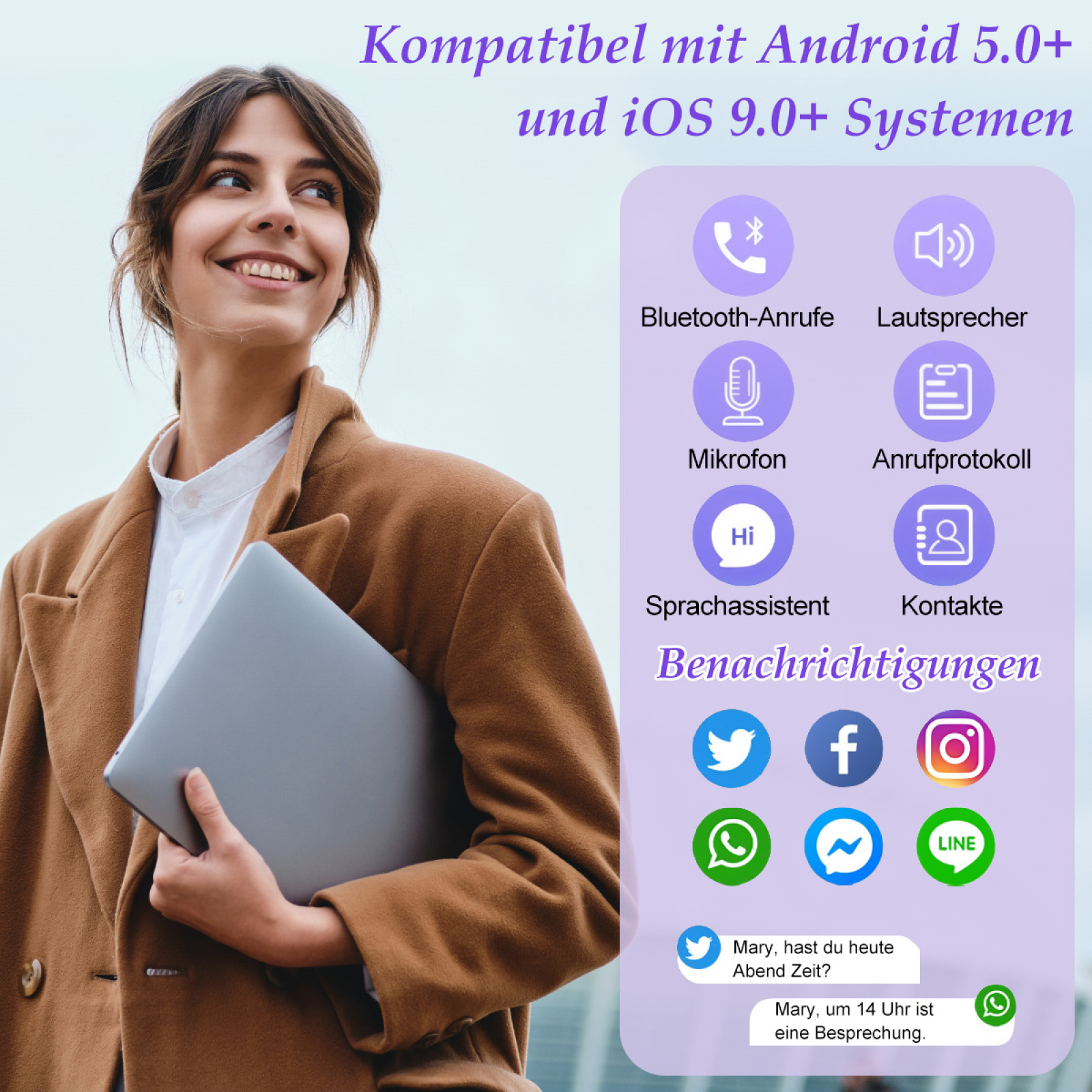 Eine Frau in einem Mantel, die einen Laptop hält, mit Symbolen, die Funktionen wie Bluetooth-Anrufe und Benachrichtigungen anzeigen.
