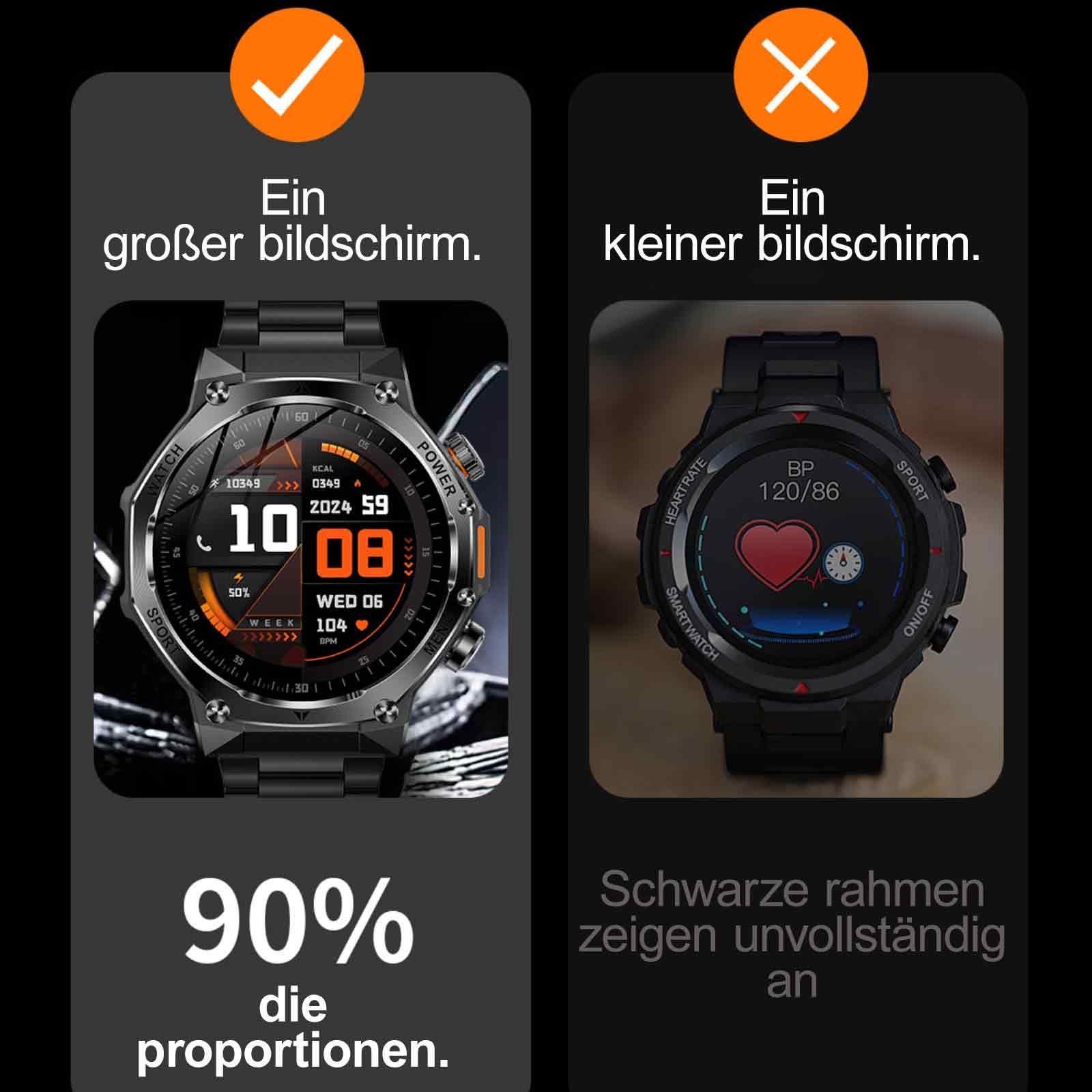 Vergleich von zwei Smartwatches, eine mit größerem Display und eine mit kleinerem Display.