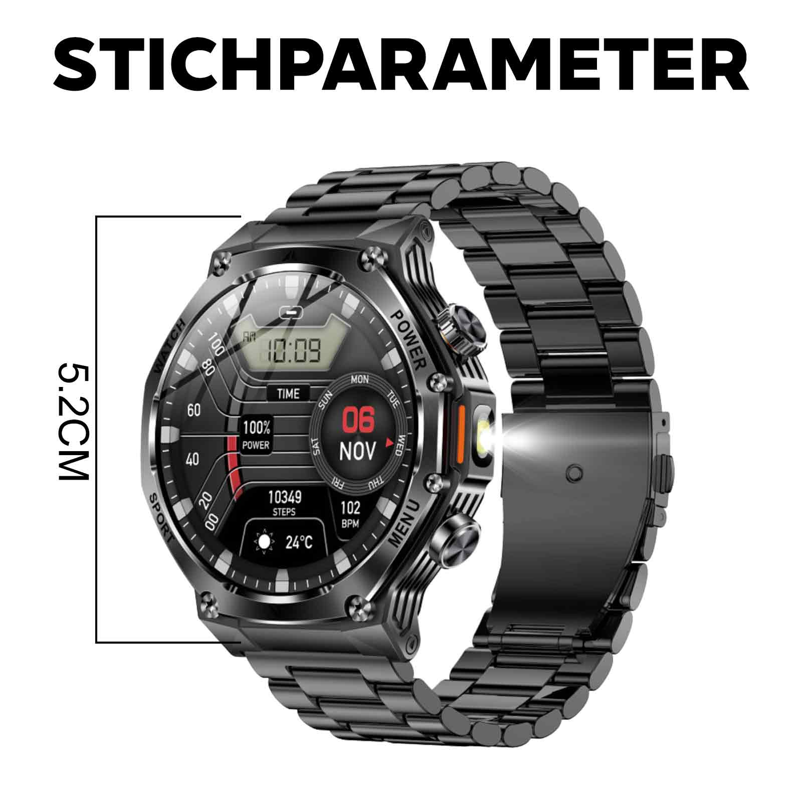Schwarze Uhr mit digitaler Anzeige von Zeit und Gesundheitsdaten, mit Metallarmband.