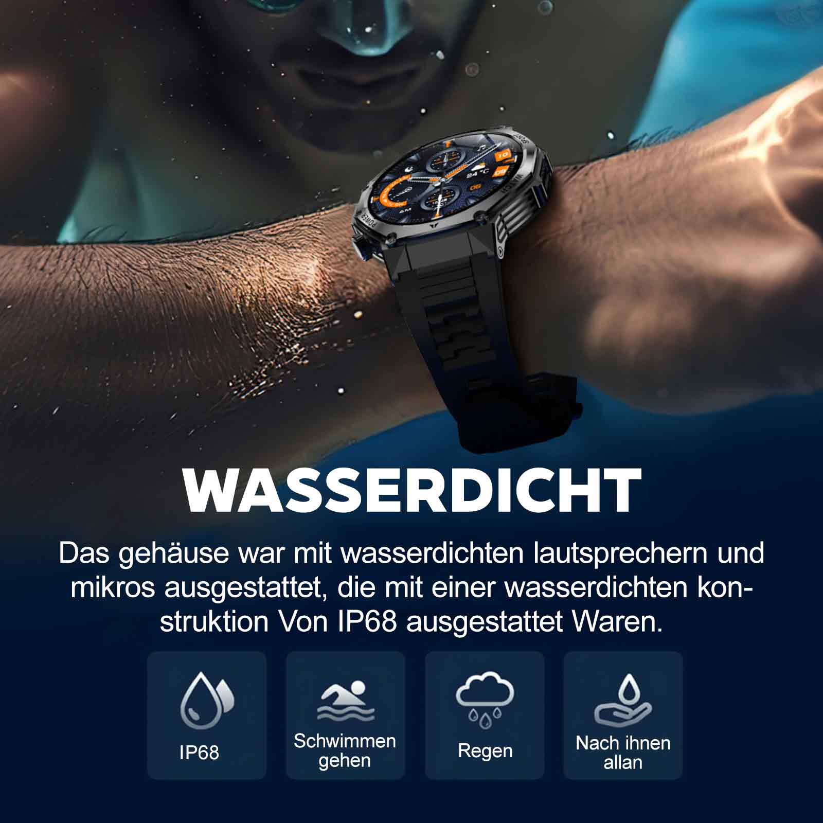 Eine Smartwatch am Arm eines Mannes unter Wasser, mit Text, der wasserdichte Eigenschaften angibt.