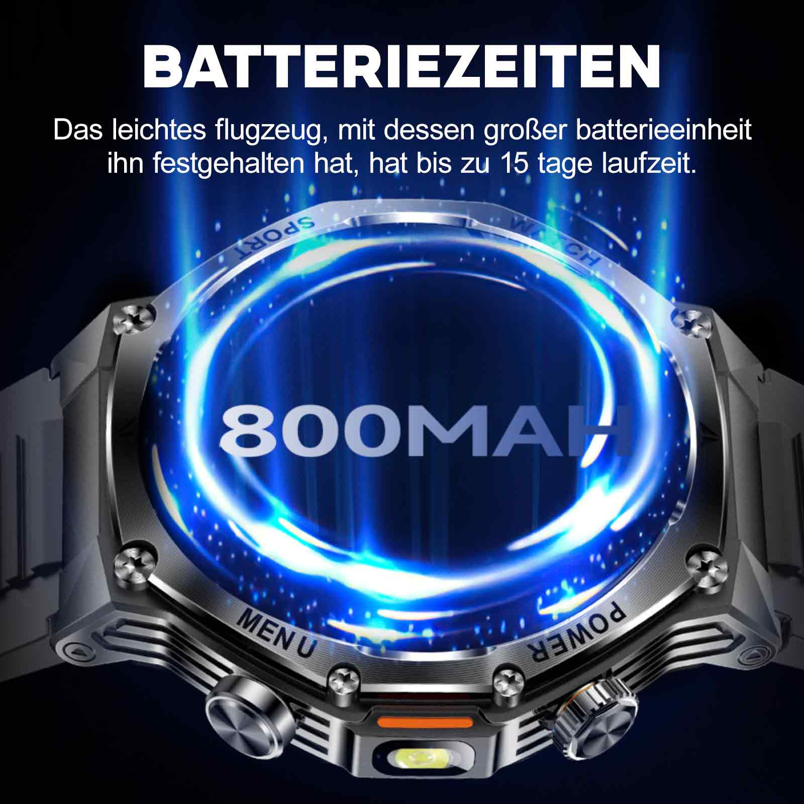 Smartwatch zeigt Informationen zur Akkulaufzeit. Blaue Energie um das Zifferblatt.