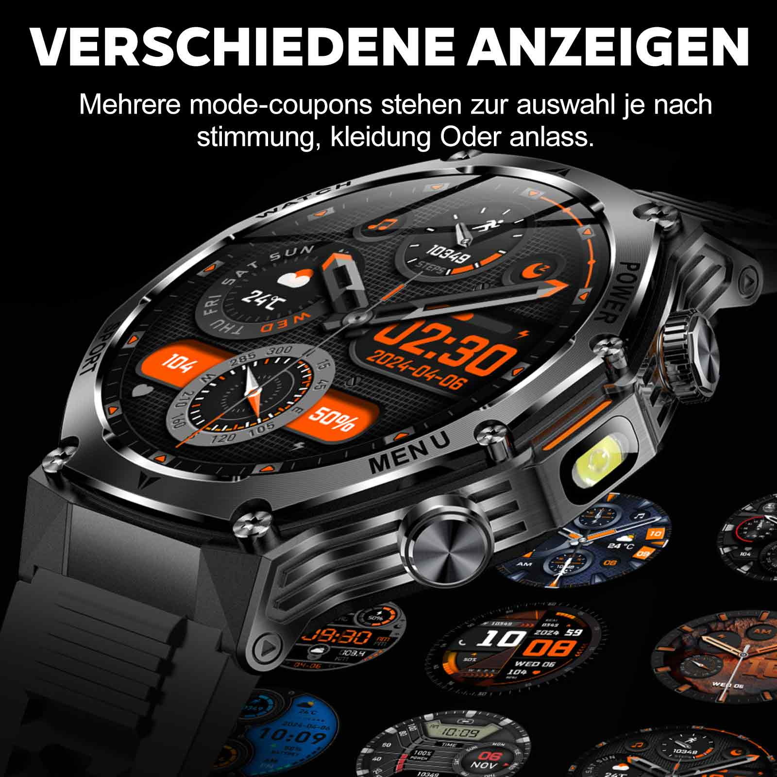 Smartwatch mit mehreren Benutzeroberflächenoptionen, die verschiedene Anzeigestile zeigen.