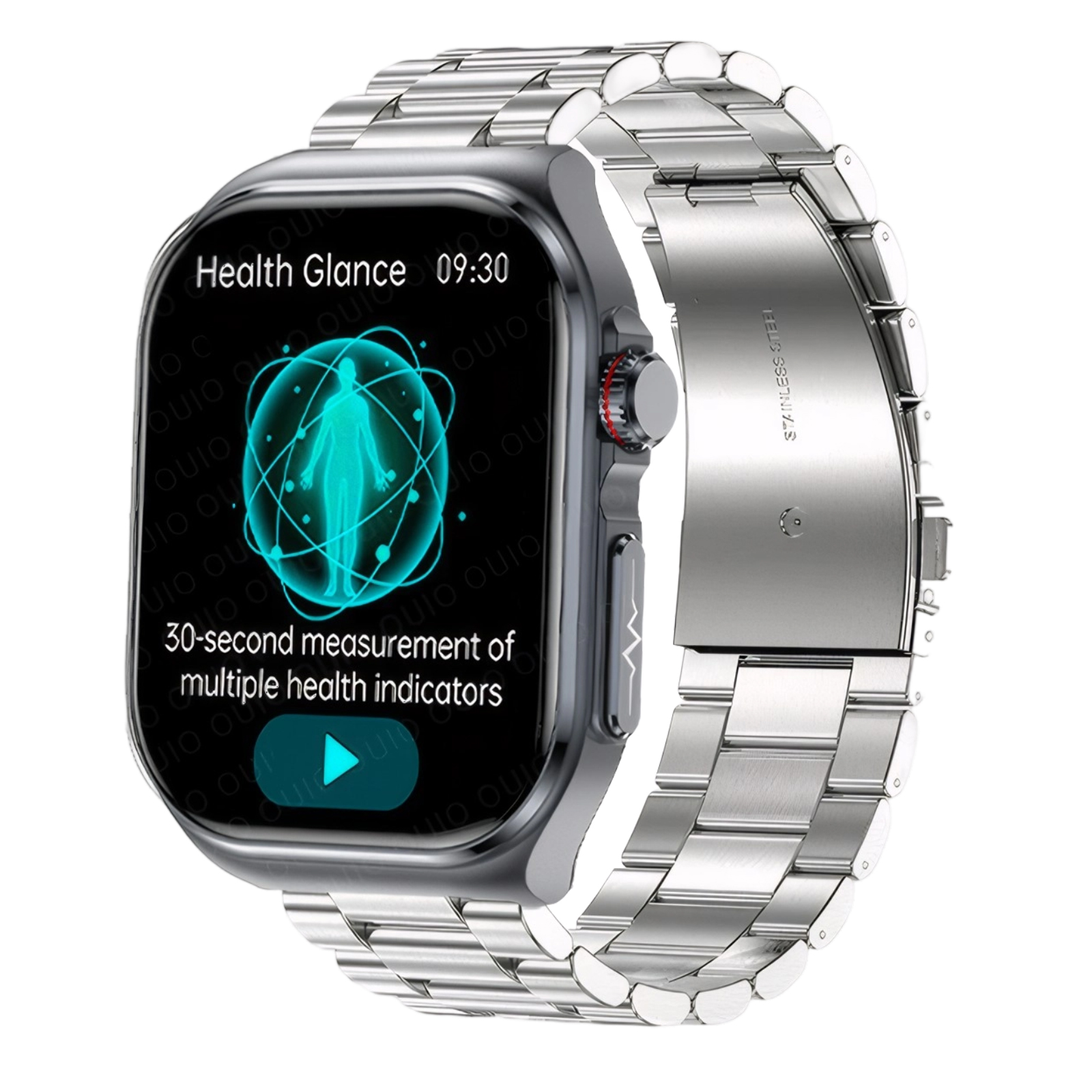 Smartwatch zeigt Gesundheitsdaten und ein Körperdiagramm. Silbernes Armband.